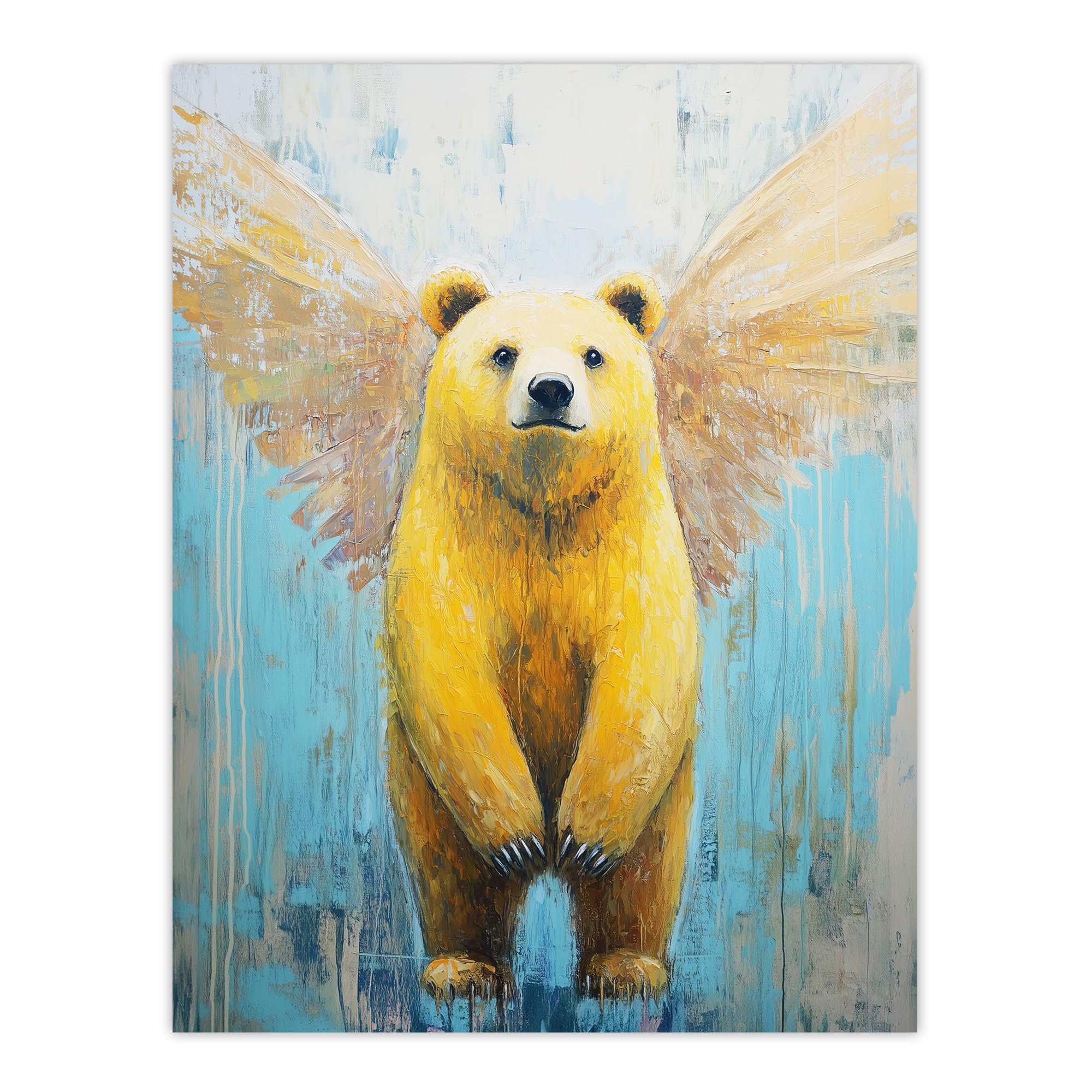 Artery8 Cute Yellow Bear With Angel Wings Oil Painting Nursery Kids Bedroom Large Wall Art Poster Print Thick Paper 18X24 Inch