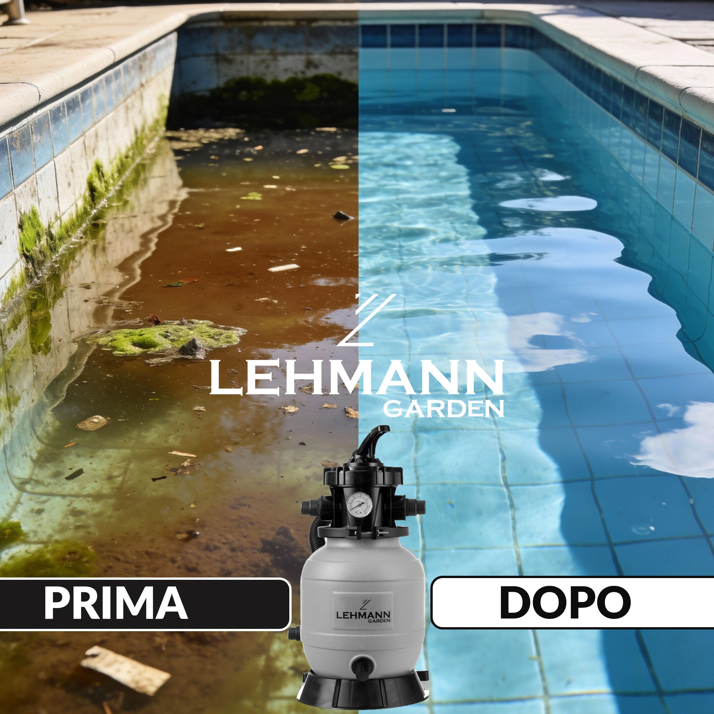 Lehmann Pompa Filtro a Sabbia per Piscina FP1, 8000 L/h, 7 Funzioni Filtrazione, Manometro, Motore con Avvolgimento in Rame, Sistema di Filtraggio Piscine Fino a 25 m³/25.000 L, Grigio
