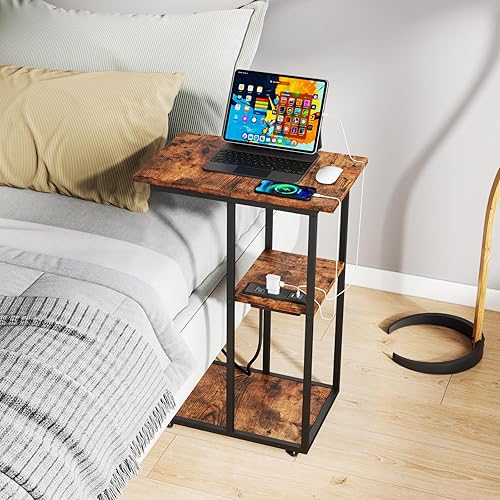 Mesa auxiliar en forma de C Mesa C sobre ruedas Mesita de noche con ruedas, toma de corriente y USB Mesa de sofá para sala de estar, dormitorio,