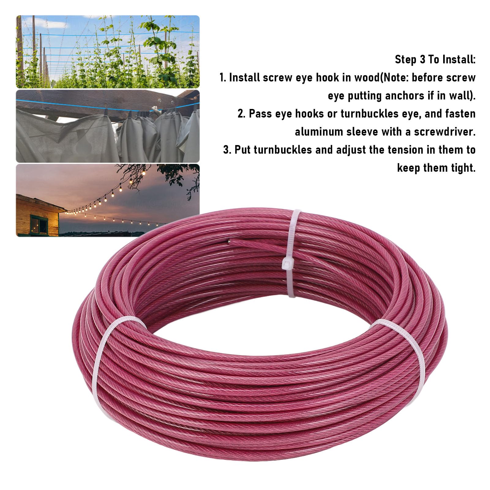 FTVOGUE Kit Traliccio in Cavo D'acciaio Rivestito Viola 100 Piedi 3 Mm con Tenditore a Tenditore Resistente Ai Raggi UV per Piante Rampicanti Vite Vela Ombreggiante