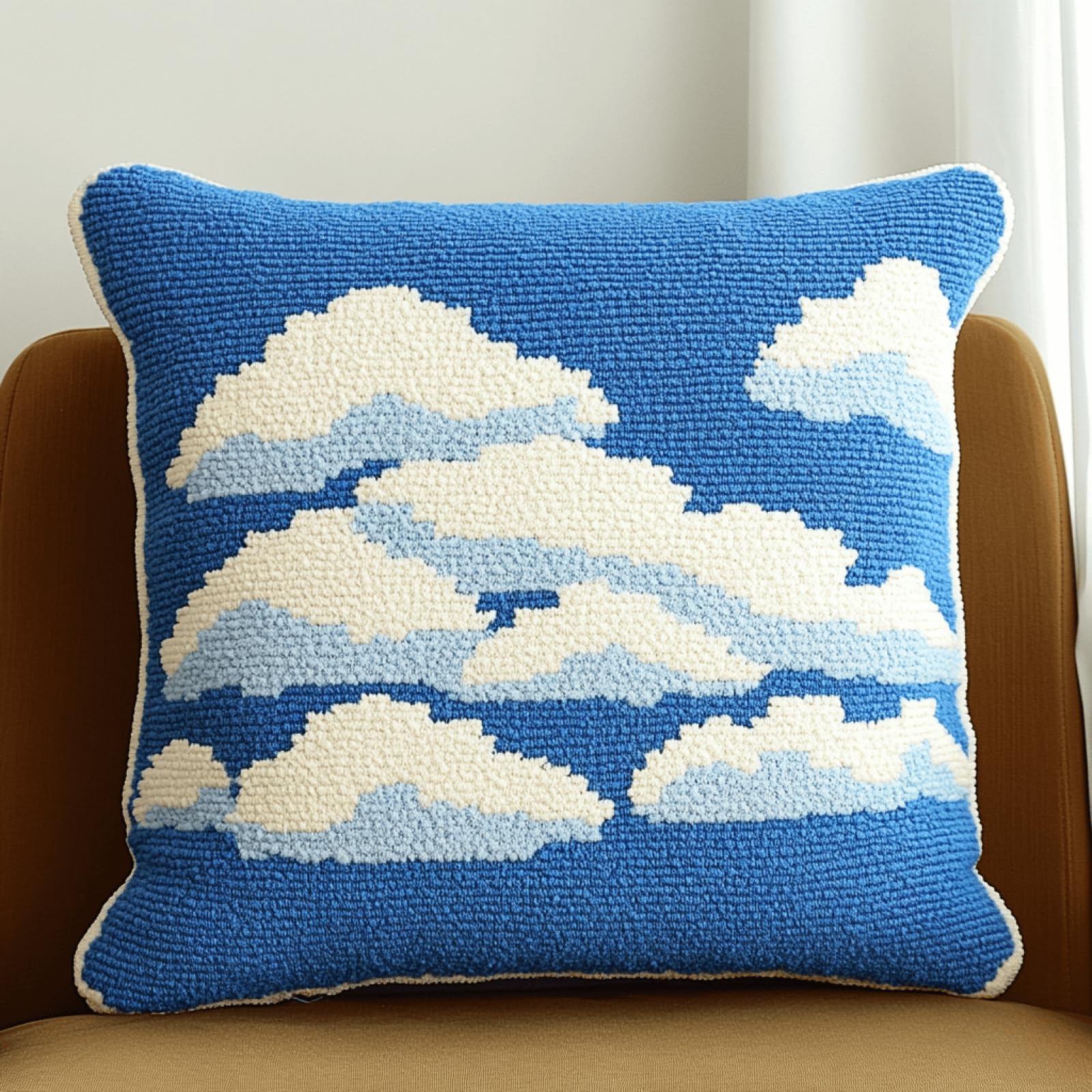 XDEGHUANGSS Latch Hook Cushion Kit,Blue Sky and White Clouds Design DIY Pillow Making Kit for Beginners, 43x43cm DIY Latch Hook Embroidery Kit for Knitted Carpet Pillow Home Decor