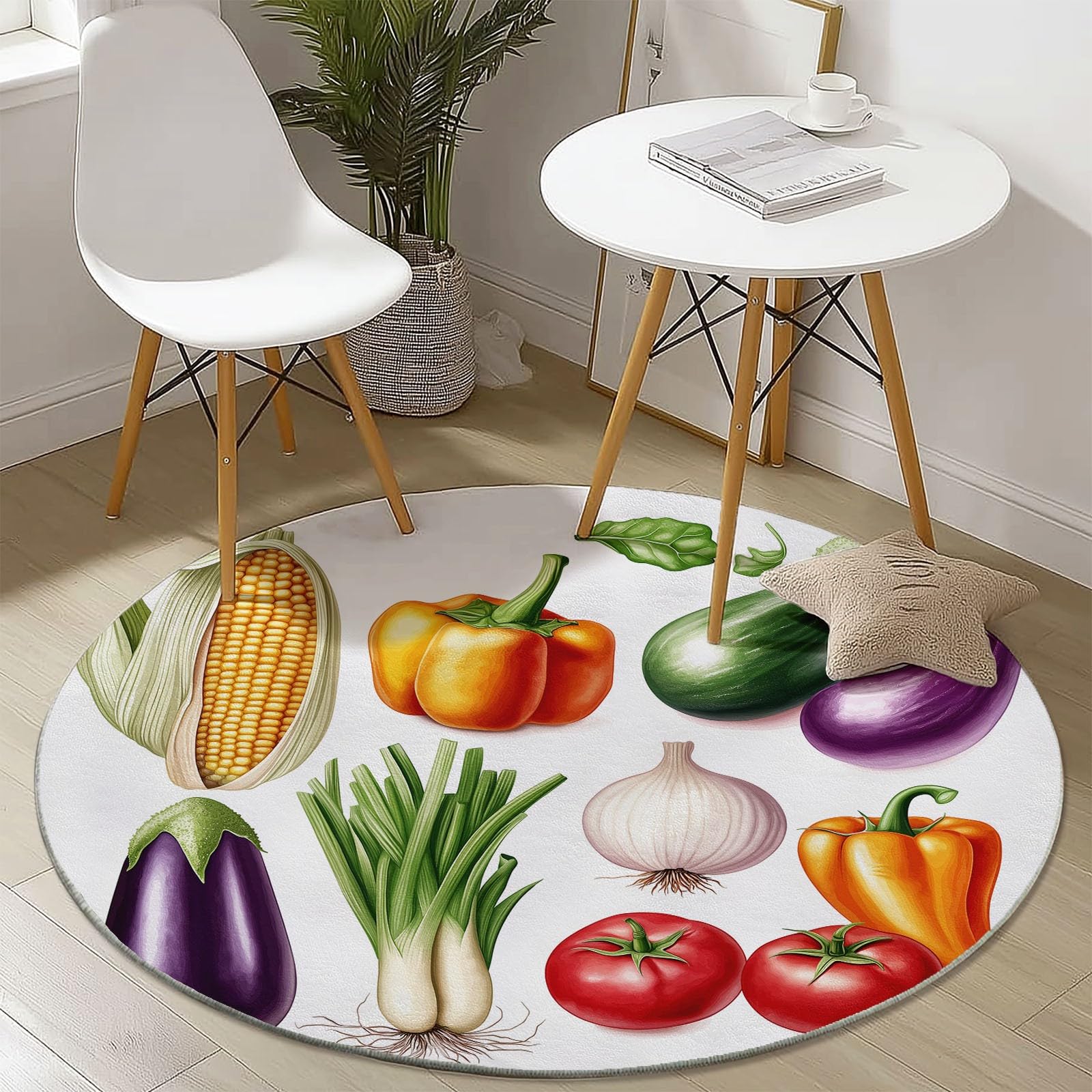 Tappeto rotondo da 245 cm, con stampa di elementi vegetali colorati e colorati, moderno, antiscivolo, in flanella, lavabile, morbido, per cameretta dei bambini, sala giochi, camera da letto