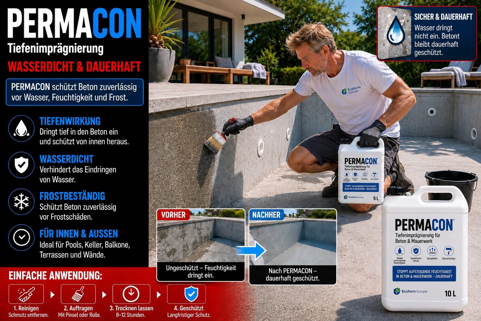 Ecoform Permacon Betonversiegelung 5 Liter - Transparente Wasserdichte Beschichtung für Beton & Stein - permanenter Feuchteschutz Innen & Außen