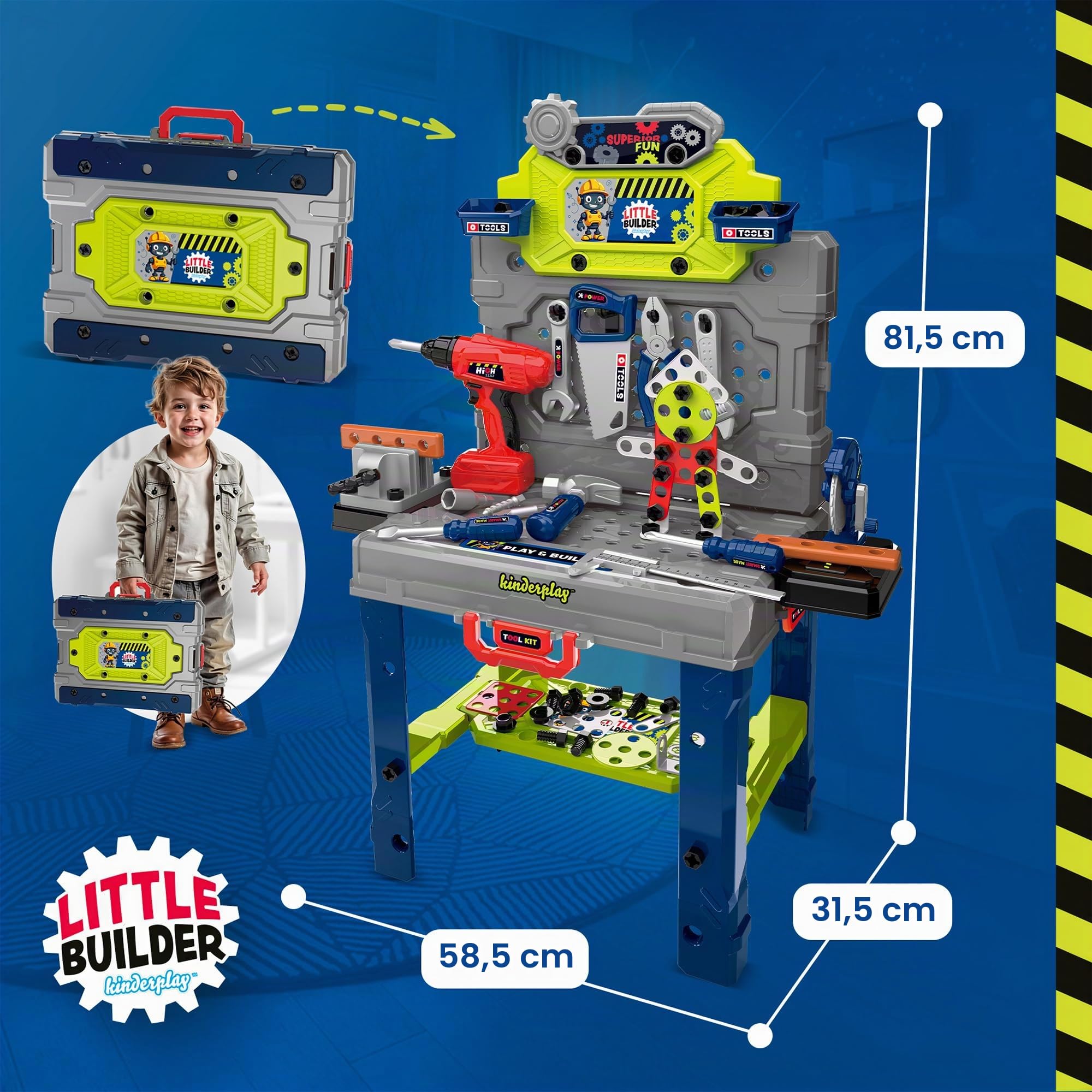 Kinderplay Établi pour Enfants 132 pièces avec kit d'outils et perceuse, Atelier pour Enfants à partir de 3 Ans, Mallette 2 en 1, Banc à Outils, Jouet pour garçons et Filles