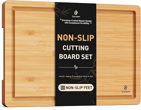 Extra Large Charcuterie Bamboo Board Non Slip Feet Over Sink Wooden Cutting Chopping Board Butcher Block Nice Solid Thick Juice Groove Big Xl XXl xlarge Hardwood Kitchen Counter Organic Meat BBQ Kit