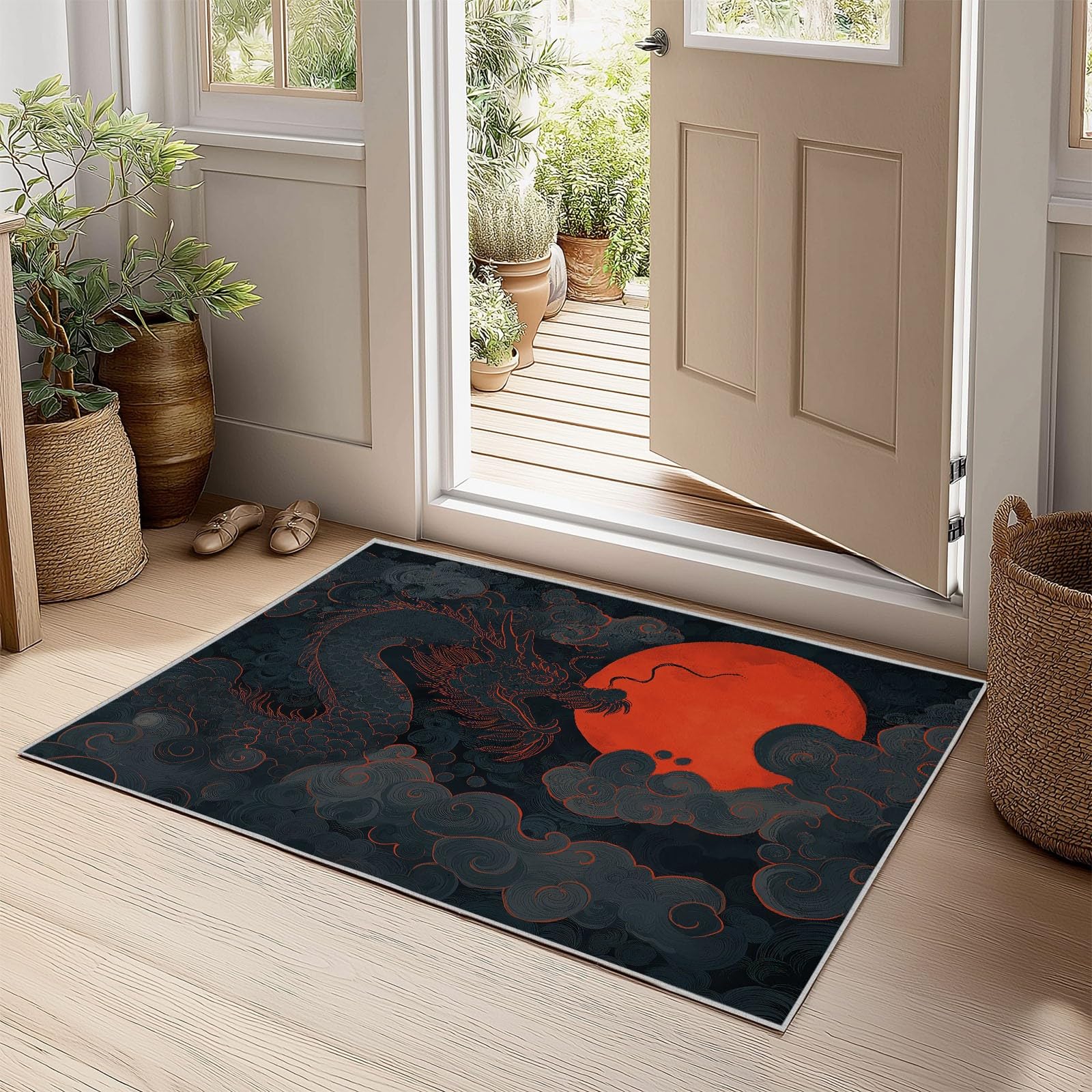 Générique Tapis de Salon 160 x 230 cm Dragon Chinois Fantastique Lune Rouge, Tapis Peinture À L’Encre Antidérapant, Paillasson Interieur Entree à Poil Ras Moquette pour Chambre Bureau Cuisine