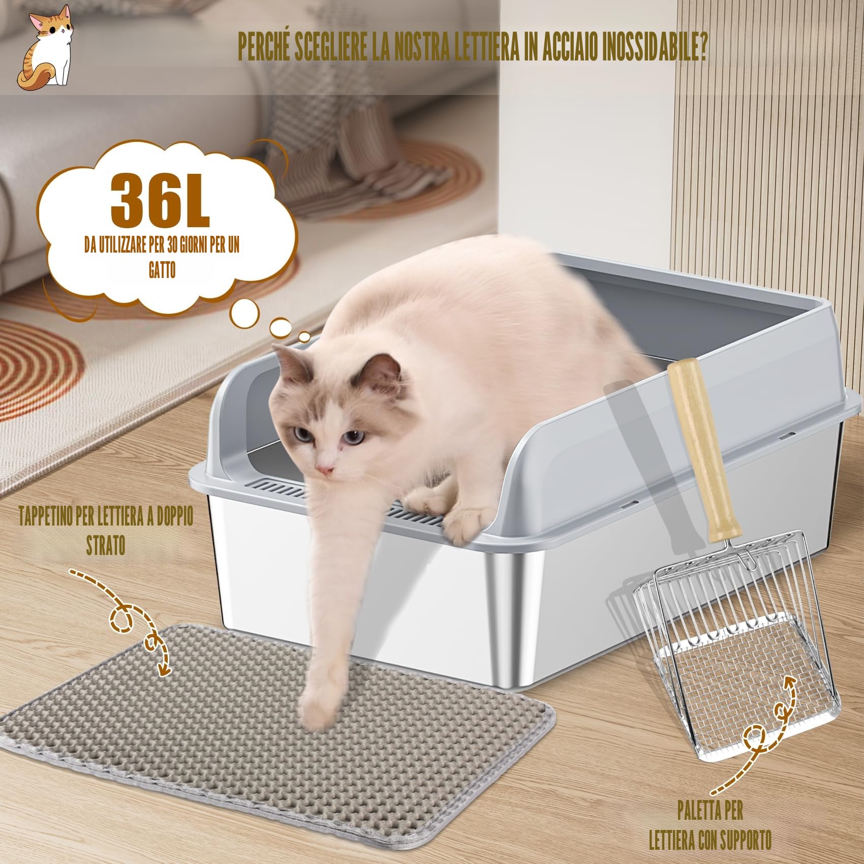 Lettiera per Gatti in Acciaio Inox, Grande, A Prova di Perdite, Facile da Pulire, Con Paletta e Tappetino, 50 x 35 x 20 cm