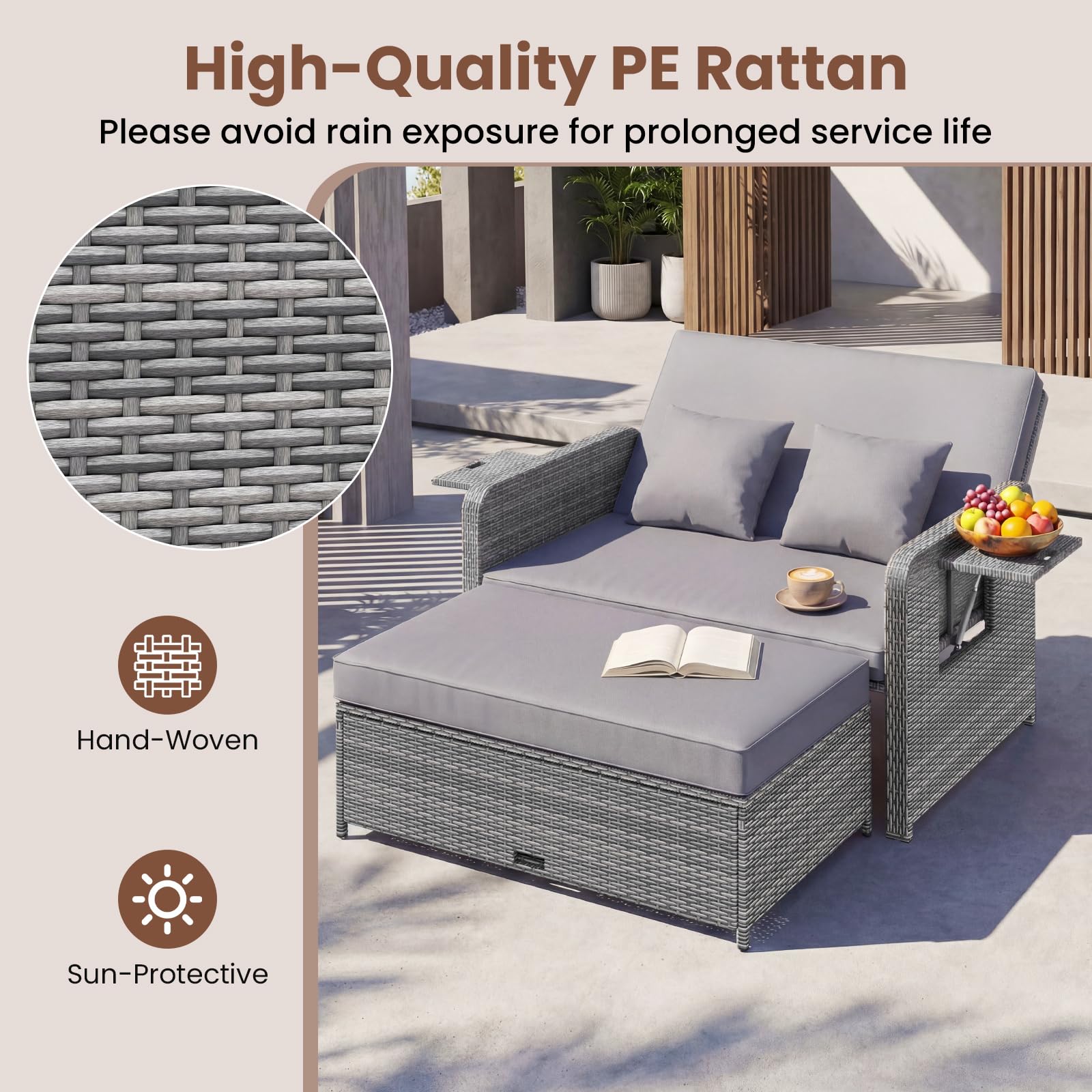 GIANTEX Canape Exterieur Jardin 2 Pièces, Canapé de Jardin 2 Places en Rotin PE, Ottoman de Rangement, Dossier Réglable, Tables d'Appoint Rétractables, Coussins Doux, pour Porche, Patio, Gris