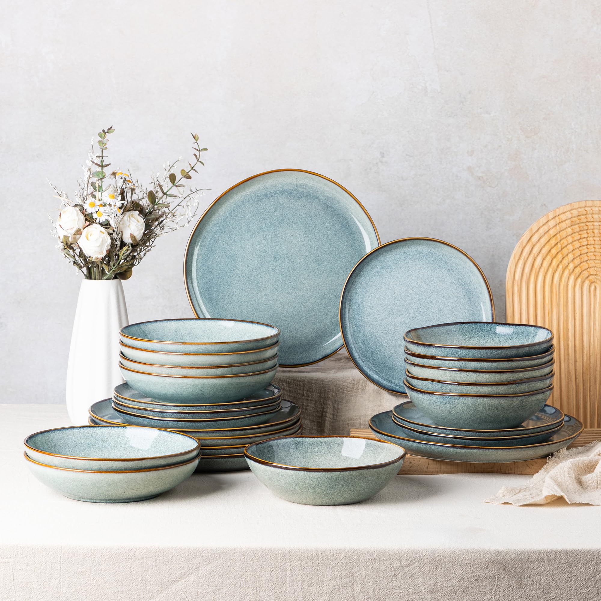 GBhome Steingut Geschirrset 6 Personen, 24-tlg Reaktive Glasur Handarbeit Geschirr Set, Mikrowellen- & Spülmaschinenfest Schüssel- und Teller Set