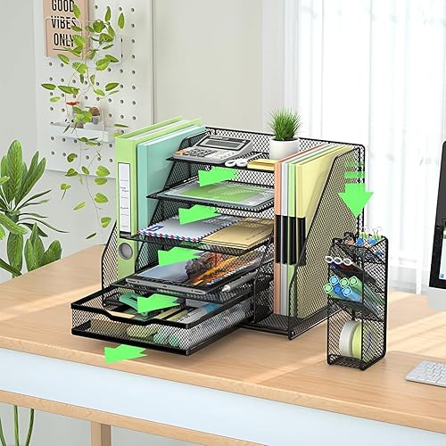 Miniatura 2 de Organizador de escritorio, organizador de archivos de 5 niveles para escritorio con cajón deslizante y soporte para bolígrafos, organización de