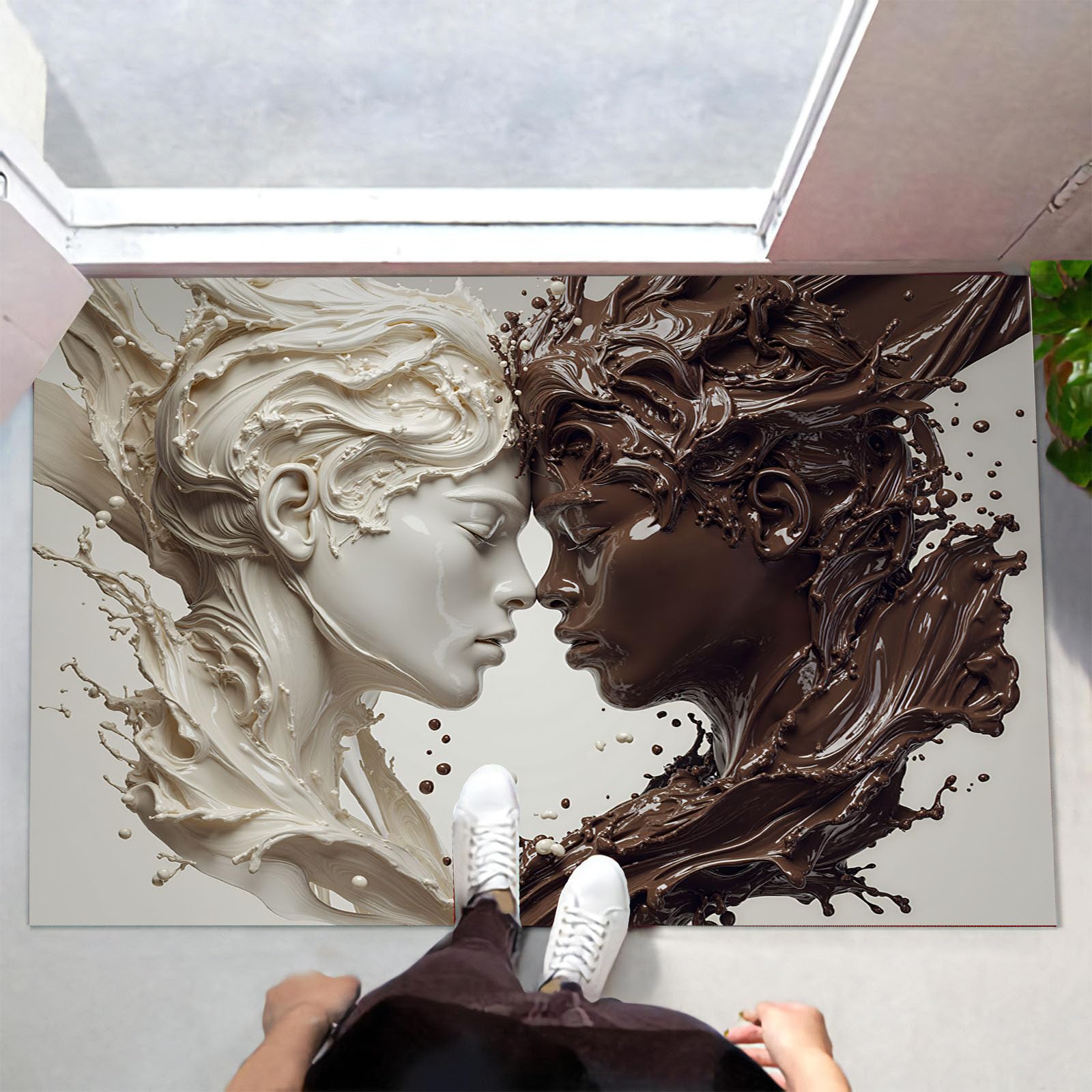 Zerbino 90X150Cm Per Interni Ed Esterni,Ritratto 3D Cioccolato Latte,Tappetino Lavabile In Lavatrice,Zerbini Resistente Morbido Antiscivolo,Astratta Schizzi D'Inchiostro,Tappeto Ingresso,Beige Marrone