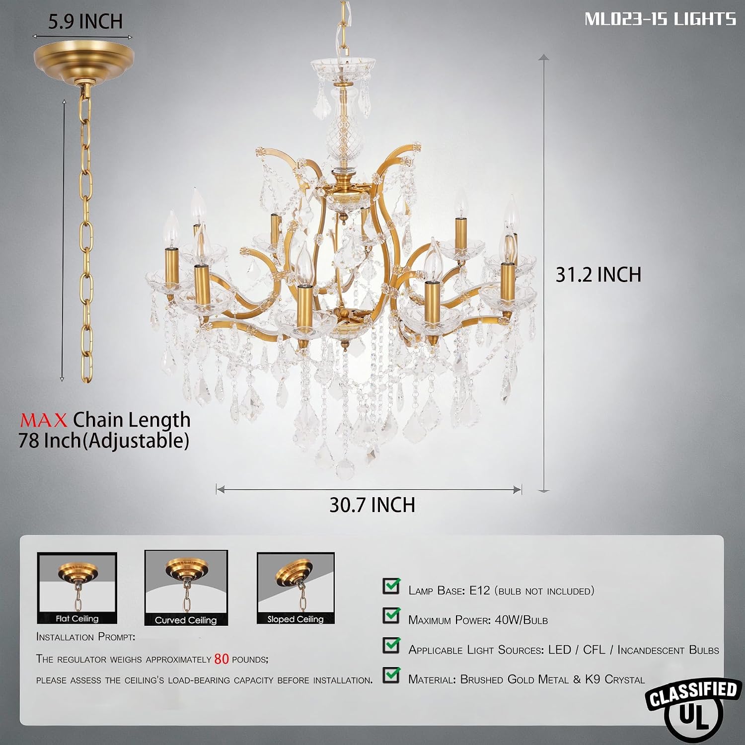 Antique Gold Crystal Chandeliers, Luxury Polished Golden Bronze Candle Pendant Ceiling Light Fixture, 15 Lights Golden Crystal Chandelier for Dining Room Living Room Bedroom Foyer