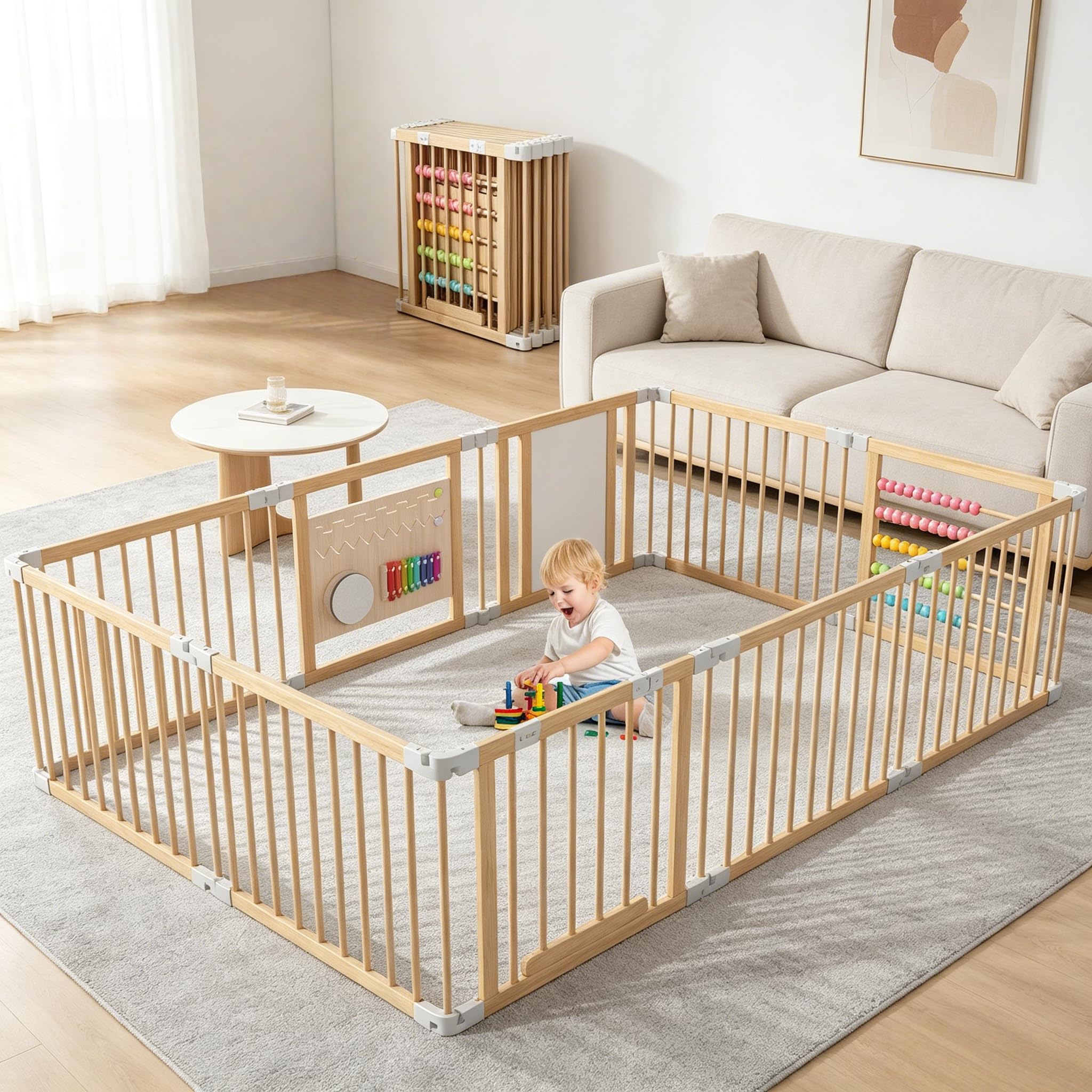 Laufstall Baby mit Spielzeug, Laufgitter Baby Faltbar aus Holz, Verstellbare Größe, mit Tür & Sicherheitsverschluss, Krabbelgitter Absperrgitter für Kleinkinder(240 * 160 * 61 cm)