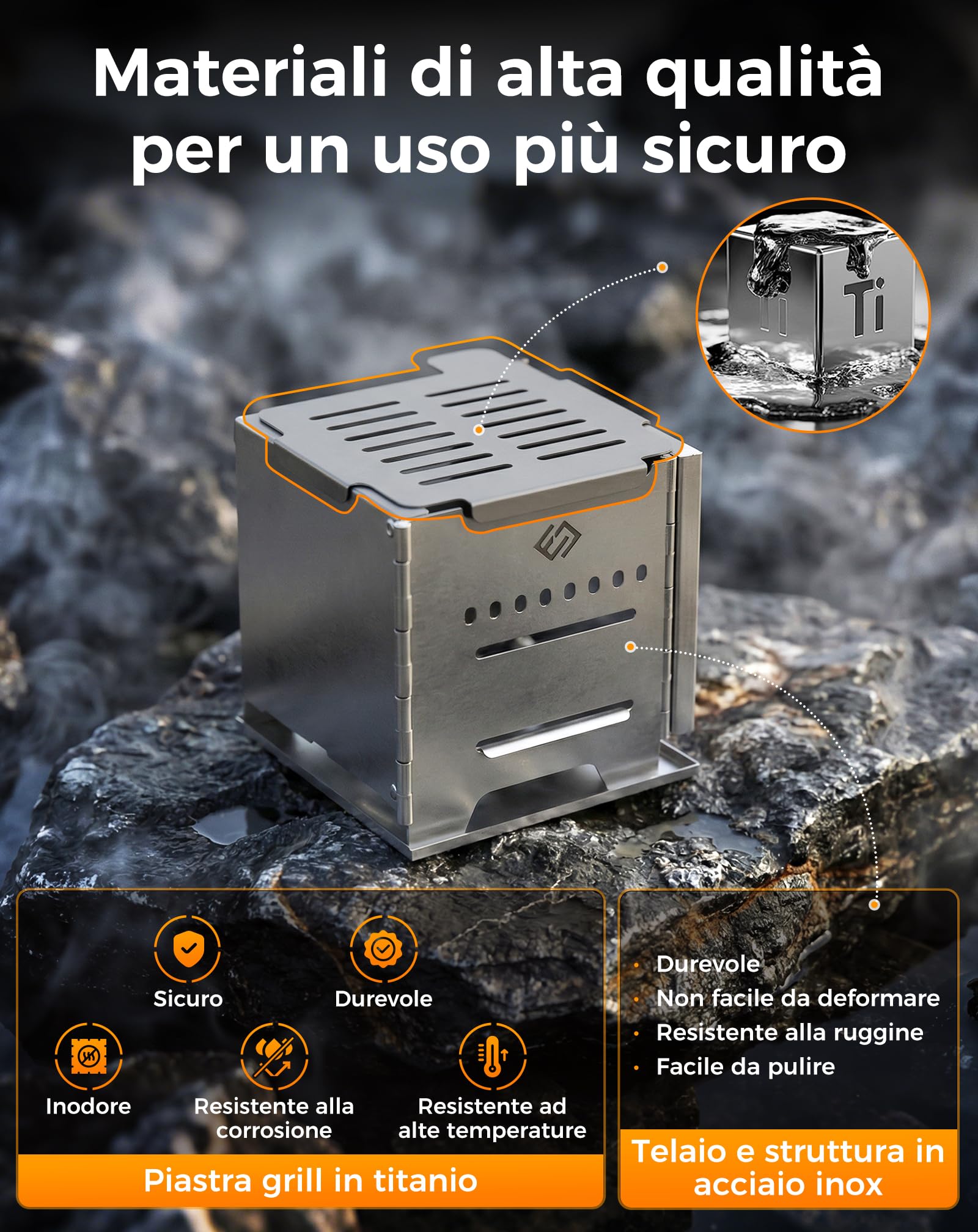 COOK'N'Escape Stufa a Legna Campeggio Portatile Rocket Doppia Combustione M | Fornello Hobo in Acciaio Inox Pieghevole con Piastra Grill Titanio, Multicombustibile per Camping, Grill e Trekking