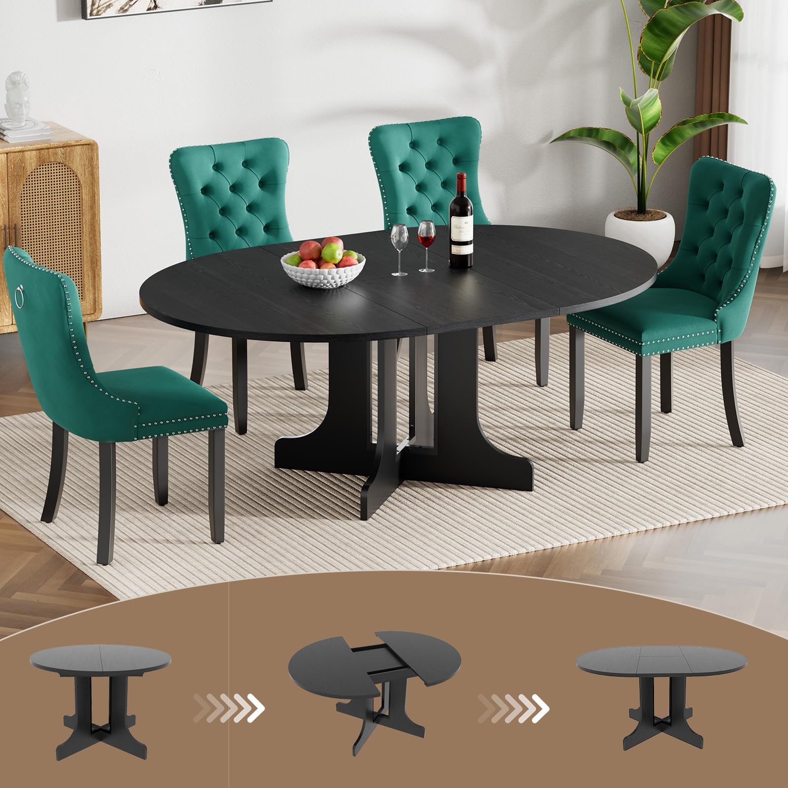43"-59" Round Extendable Dining Table Set for 4, Farmhouse 5-Piece Dining Table Set, Oval Dining Room Table Set with 4 Tufted Chairs, Space Saving Kitchen Table with Wood Trestle Base,Black
