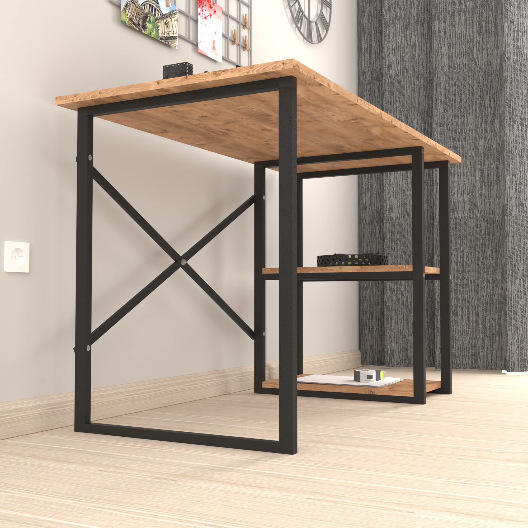[en.casa] Scrivania con 2 Ripiani Laterali (AxLxP) 75 x 120 x 60 cm Postazione di Lavoro Tavolo da Studio con Telaio in Metallo Nero e Piani in Effetto Rovere
