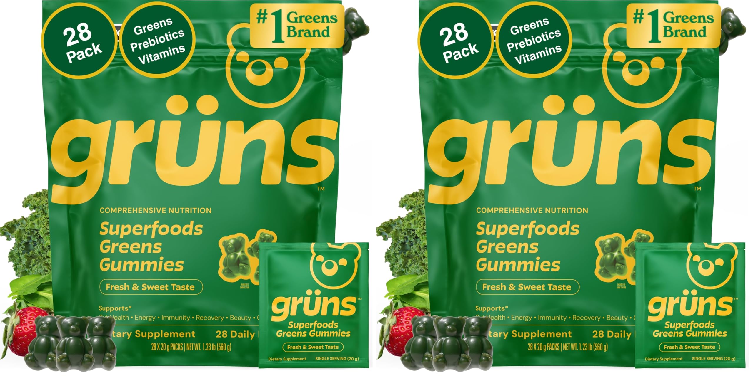 Gruns Adult Super Greens Multivitamin Gummies with Spirulina & Adaptogens, Digestive & Immune Support (28 Count, Pack of 2) - main product image