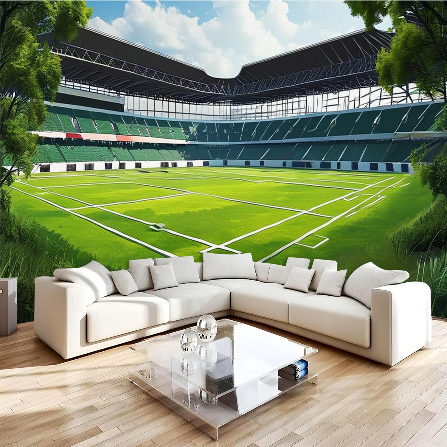Générique Papier Peint Panoramique 3D 350x256 cm Terrain De Football Non-tissé Murale Maison Décoration Intérieure Thème Sportif pour Chambre Salon Mur TV Artistique Poster Décoration Murale 2N975