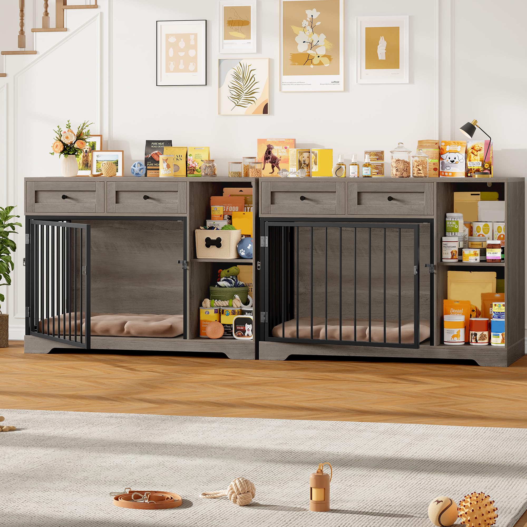 FirFurd Hundebox für kleine Hunde Hundekäfig Möbel mit Schubladen & 2 Türen | Hundebox für Zuhause, Hundekäfig aus Metall und Holz, Hundehütte Indoor, Hundehaus, Tierhaus, 120x87x60cm, Braun & Schwarz
