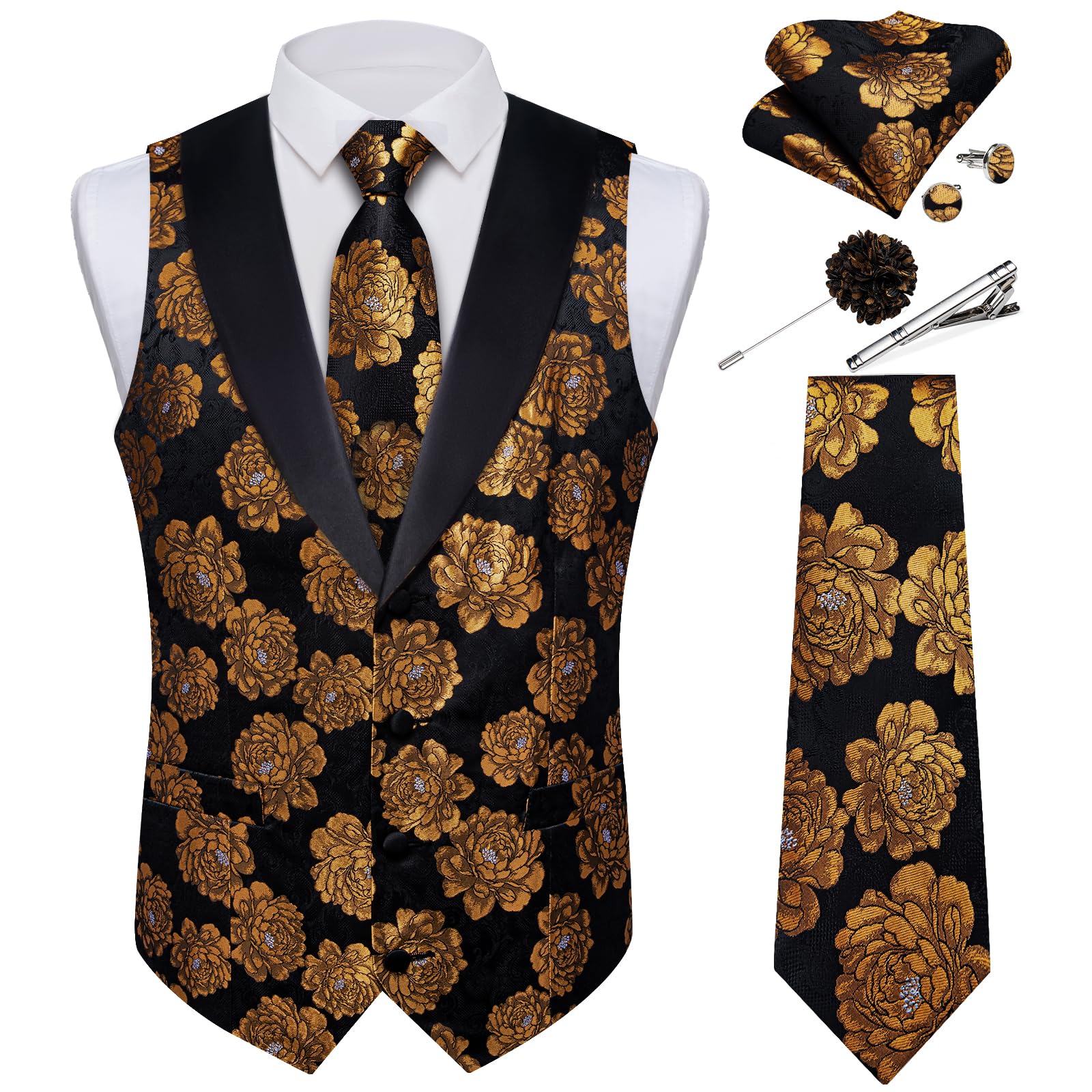 DiBanGu Mens Paisley Suit Vest Silk Jacquard Waistcoat and Necktie Set Formal Shawl Collar Dress Vest 7PCS for Wedding Party