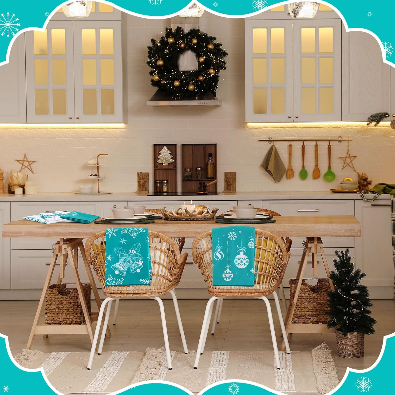 Tatuo 6 Pcs Christmas Kitchen Towels Snowflake Merry Tree Bell Dish Towels Winter Holiday Hand Towels Absorbent Dishcloths Farmhouse Christmas Decor Gift for Home Bathroom Cleaning (Teal)