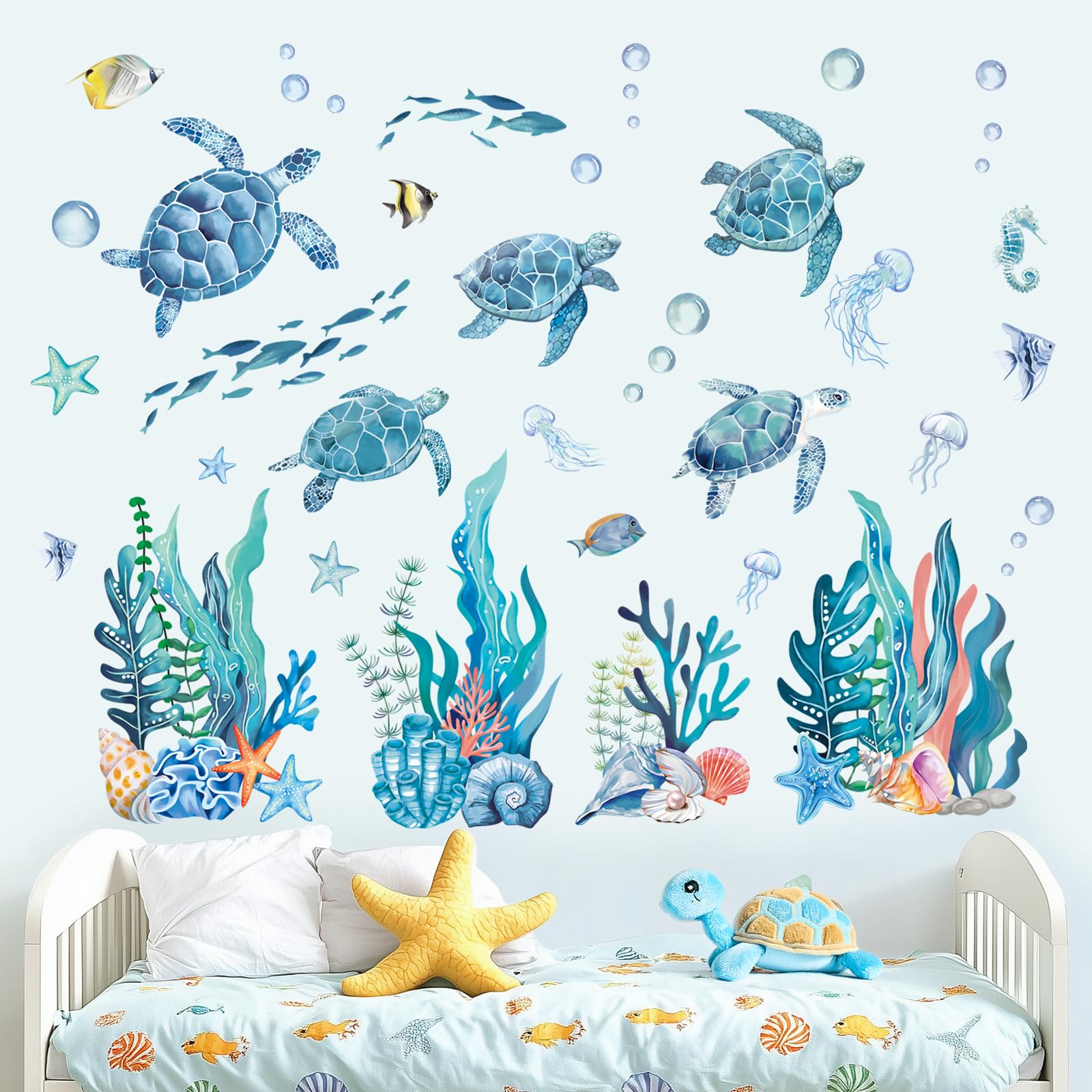 FUFUQUARE Blue Turtle Wall Stickers Under The Sea Jellyfish Seaweed Wall Decals DIY Peel and Stick for Kids Bedroom Living Room Bathroom - Image 3