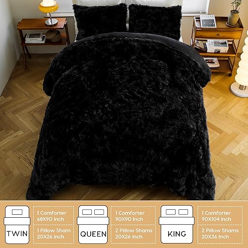 Miniatura 9 de Auemtyn Juego de edredón lanudo tamaño Queen, juego de edredón de pelo sintético negro con 2 fundas de almohada, juego de edredón de lujo lavable de