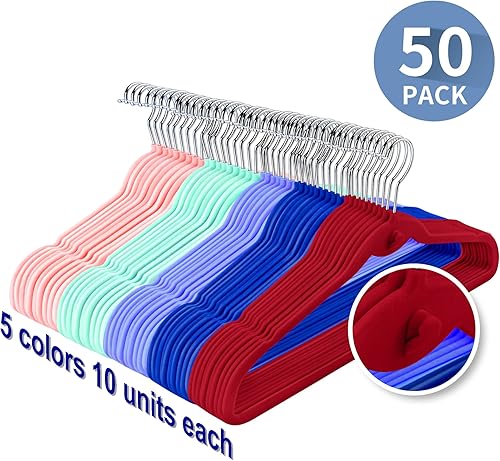 Miniatura 2 de Perchas de terciopelo multicolor de alta calidad con mini ganchos, paquete de 50 unidades, antideslizantes, perchas para ropa en cascada que ahorran