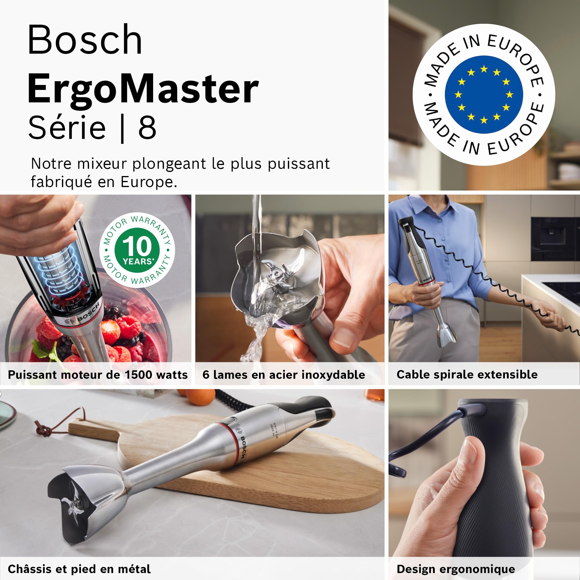 Bosch - Frullatore a mano, serie ErgoMaster 8, motore da 1500 watt, regolazione intuitiva della velocità, lama a 6 fogli, accessori inclusi, acciaio inossidabile, MSM8M934