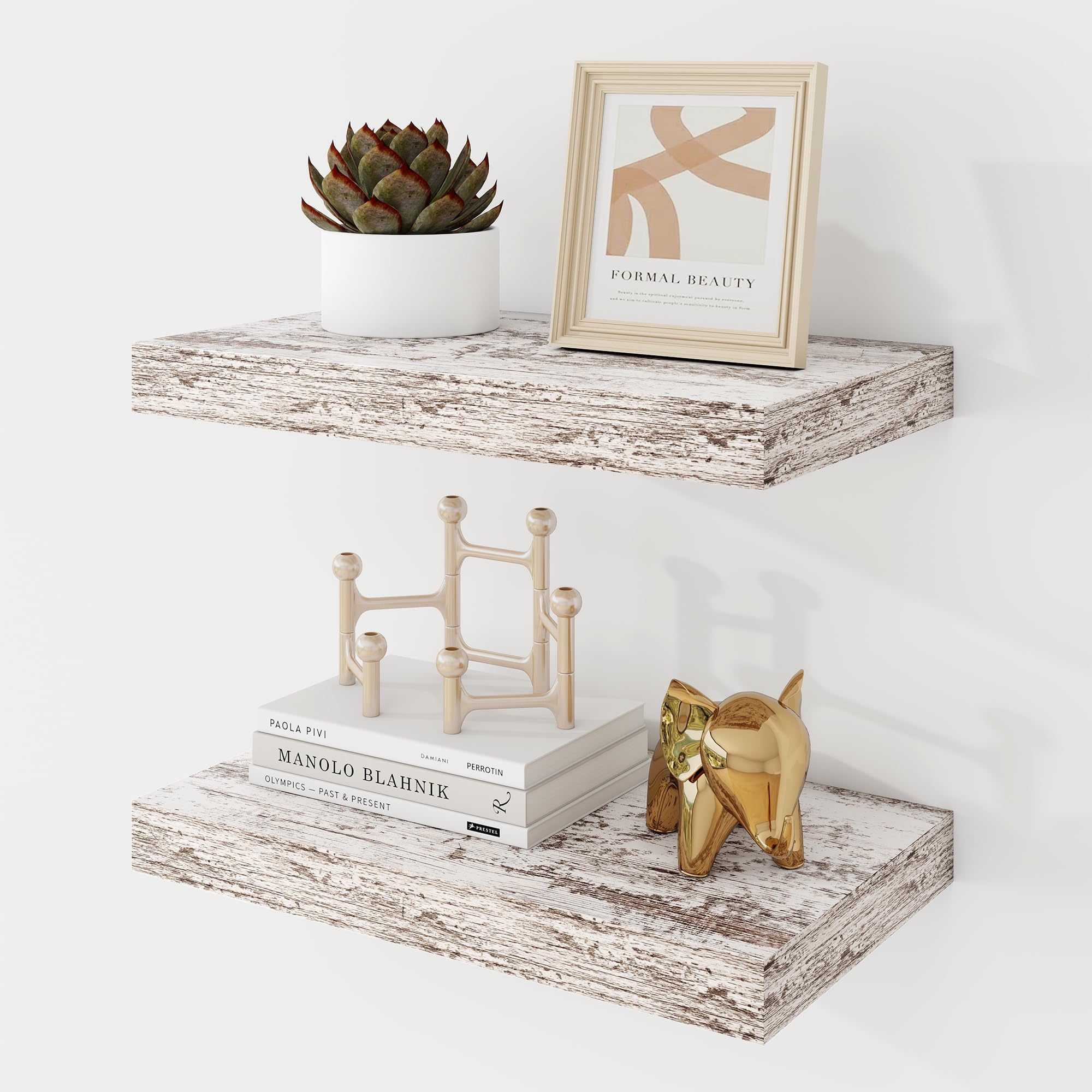 Acovy 16 Inch Floating Shelves, 9.3" Deep Floating Shelf Wall Mounted, 16" Wall Shelves, Rustic Deep Bookshelf, Large Display Shelves & Storage Shelves for Bedroom, Living Room, Rustic, Set of 2