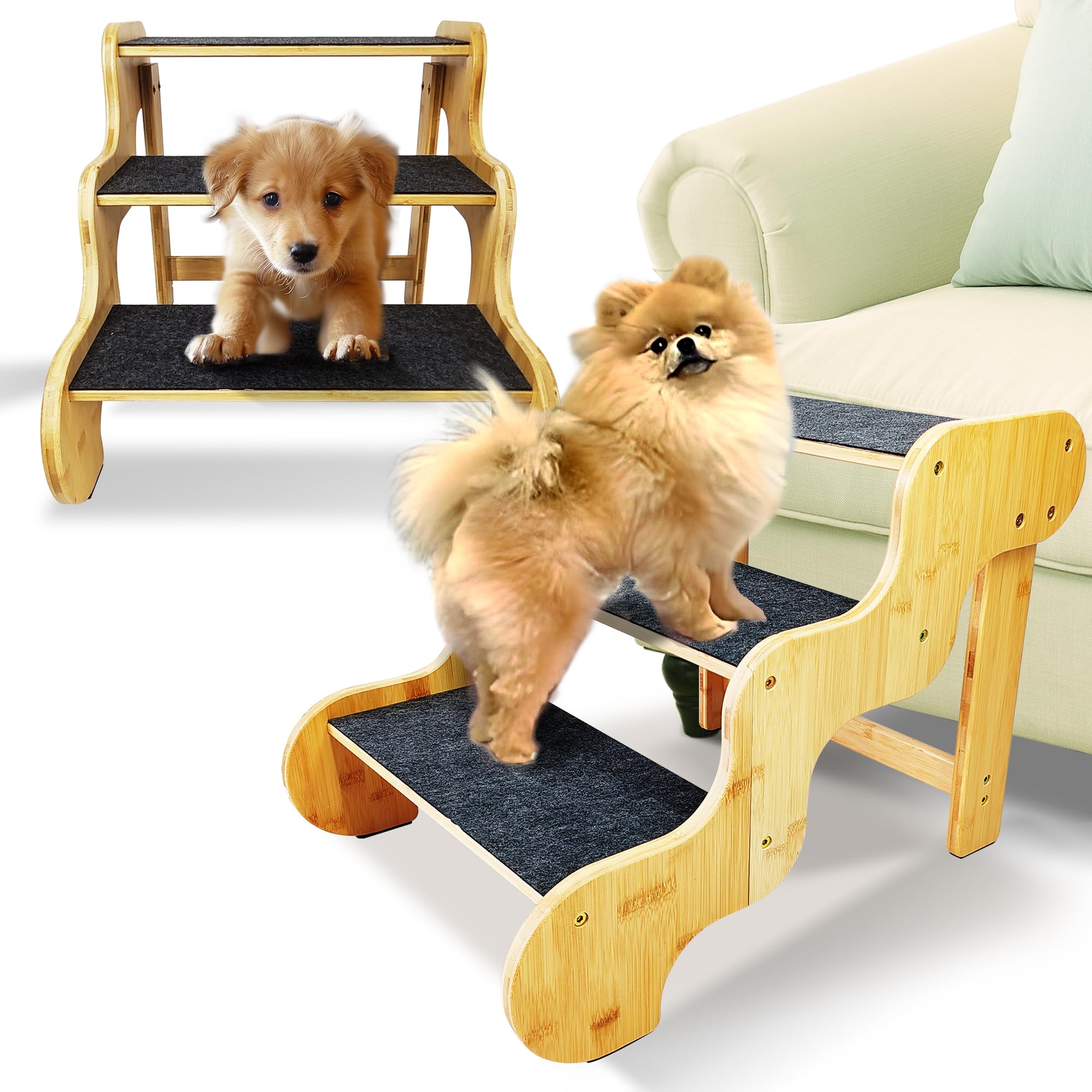 Escaleras de 3 escalones para perros pequeños, escalones de bambú para perros que ayudan a tus perros a subirse a la cama alta o al sofá, también adecuadas para otros gatos o mascotas