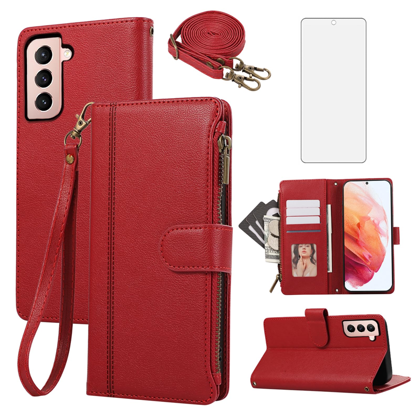 Asuwish Phone Case for Samsung Galaxy S21 FE 5G Zipper Wallet Cell Cover with Tempered Glass Screen Protector Crossbody Strap Card Holder S 21 EF