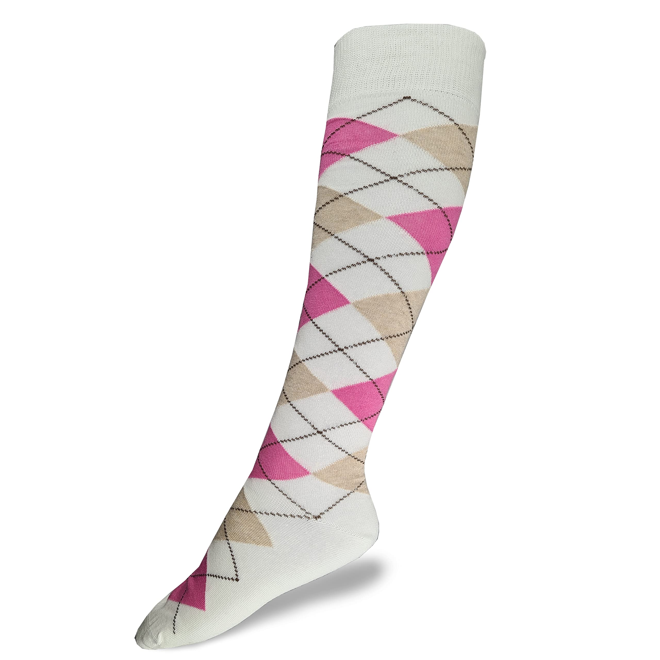 Hazy Blue Women's Cream/Pink Argile Mix And Match / Knee High Socks Argyle & Horse Designs - Cotton Long Equestrian Riding Socks, Uk 3-8 Size (3-8, )