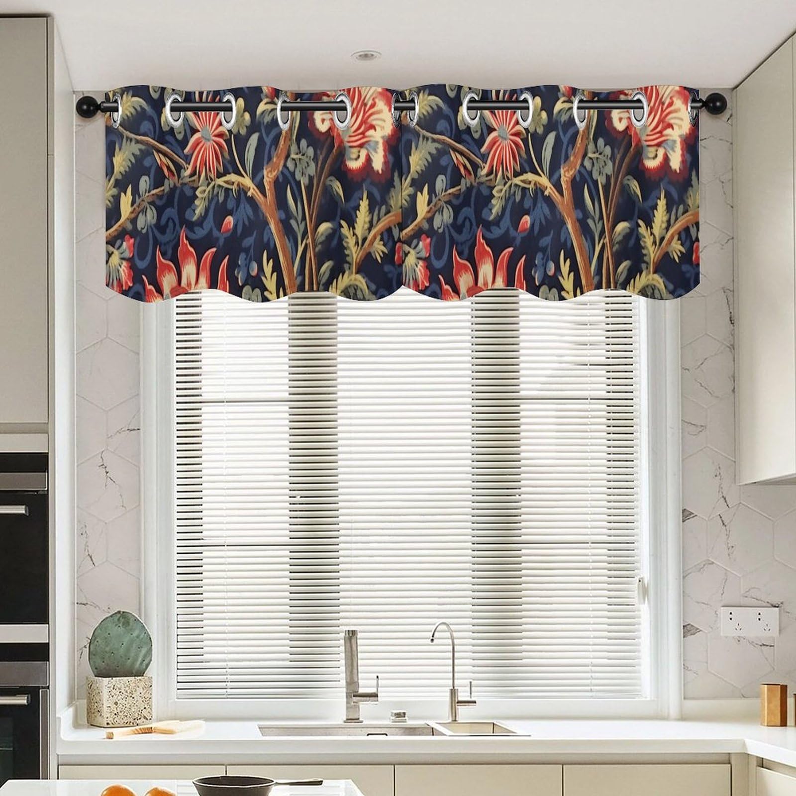 Cortinas orientales chinas de cocina tipo cenefa botánica floral azul marino