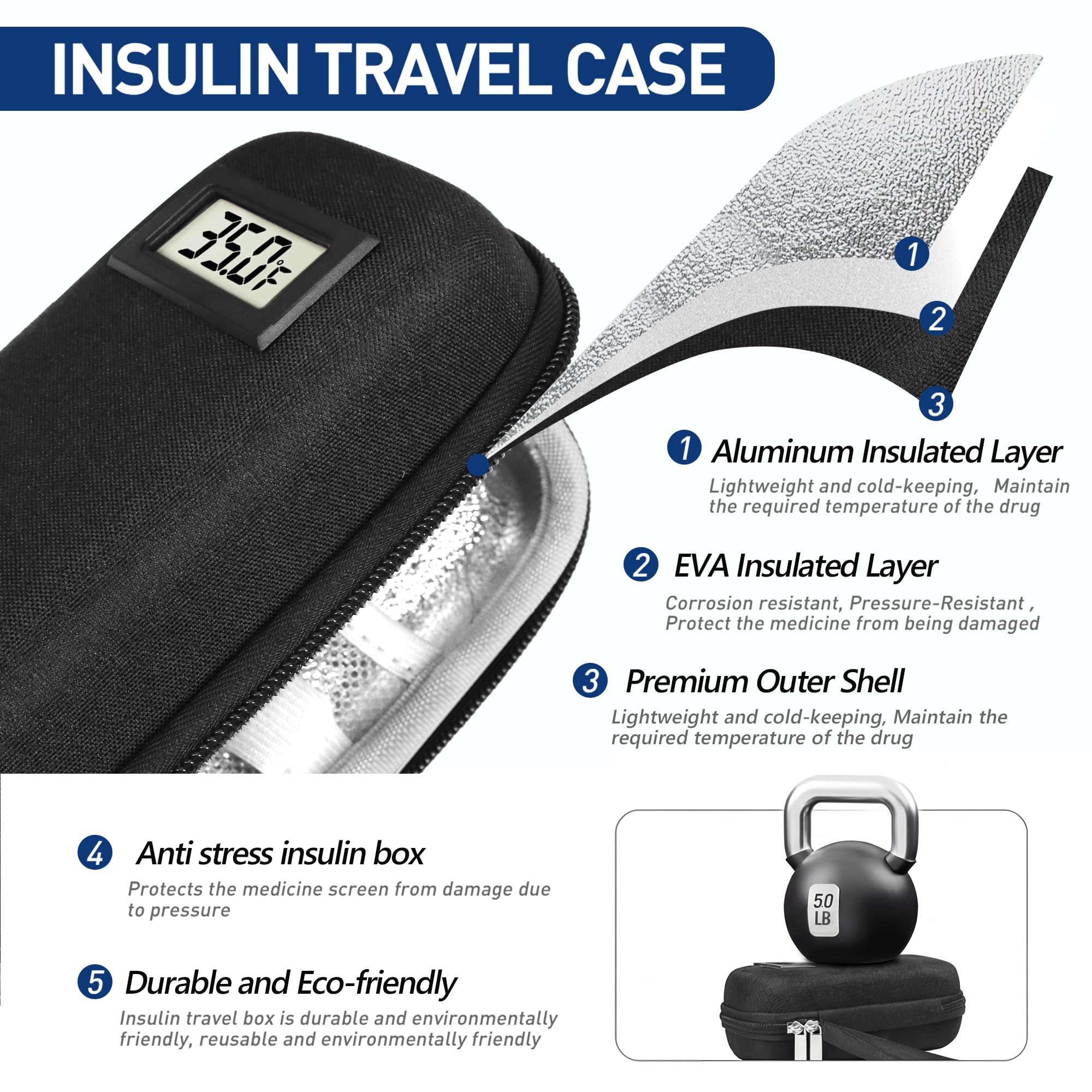Insulinkühler-Reisetasche mit Temperaturanzeige mit 2 x 125 g TSA-zugelassenen Kühlakkus, EVA, tragbarer Medizin-Reise-Kühler für Diabetiker, Aufbewahrung für den Alltag und Reisen (Anthrazitschwarz)