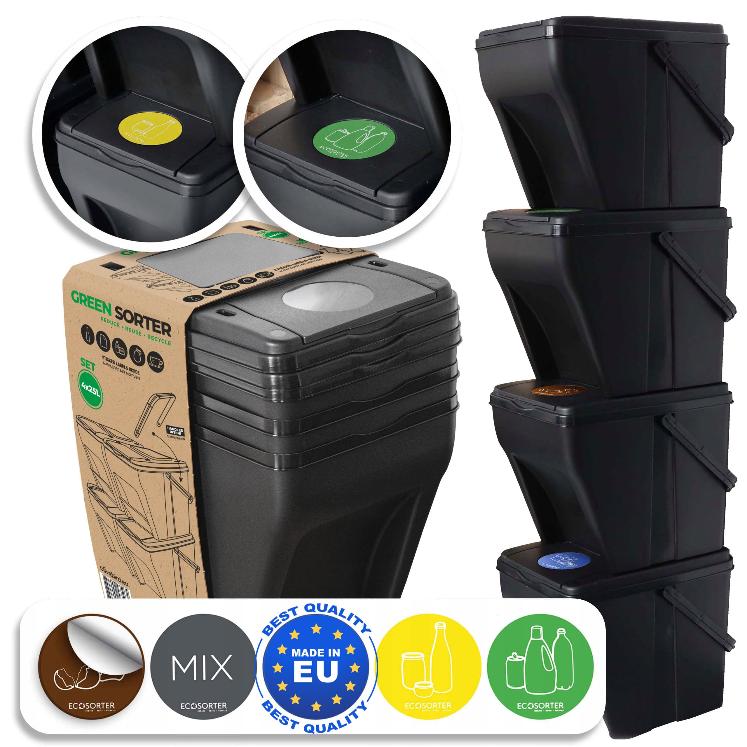 4 Cubo Basura Reciclaje 100L - 4x25L con 5 colores de pegatinas Cubo de clasificación selectiva para residuos orgánicos, papel, vidrio Sistemas de clasificación de basura