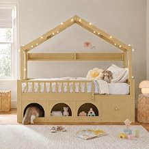 Full Size House Frame Bed with LED Light and Roof, Montessori Floor Bed Style with Storage Drawers & Cubby, Wooden Kids Platform Bed for Boys Girls, No Box Spring Needed Natural, Full