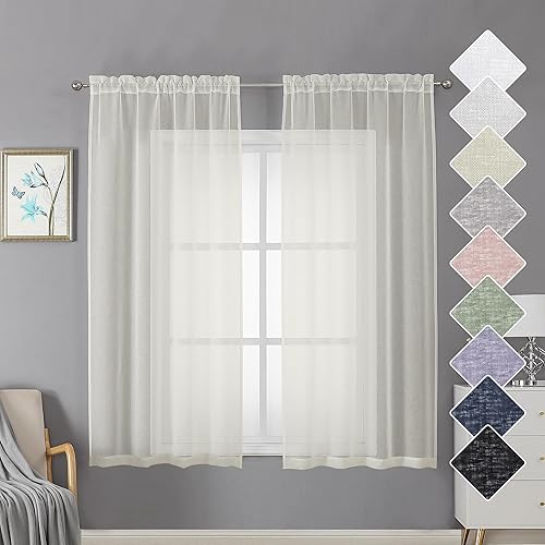Lecloud Doris Faux Linen Natural Sheer Curtains 63 Inches Long 2 Panels with Dual Rod Pocket, Light Filtering Texture Window Small Curtain for Bedroom Living Room, Aesthetic Kitchen Drapes 40W x 63L