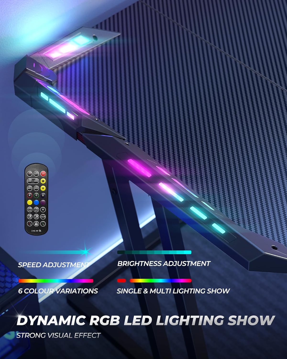 CubiCubi 47 Inch Ergonomic Gaming Desk, Z Shaped Table with LED Light, Carbon Fiber Surface Computer Desk, Black - Image 3