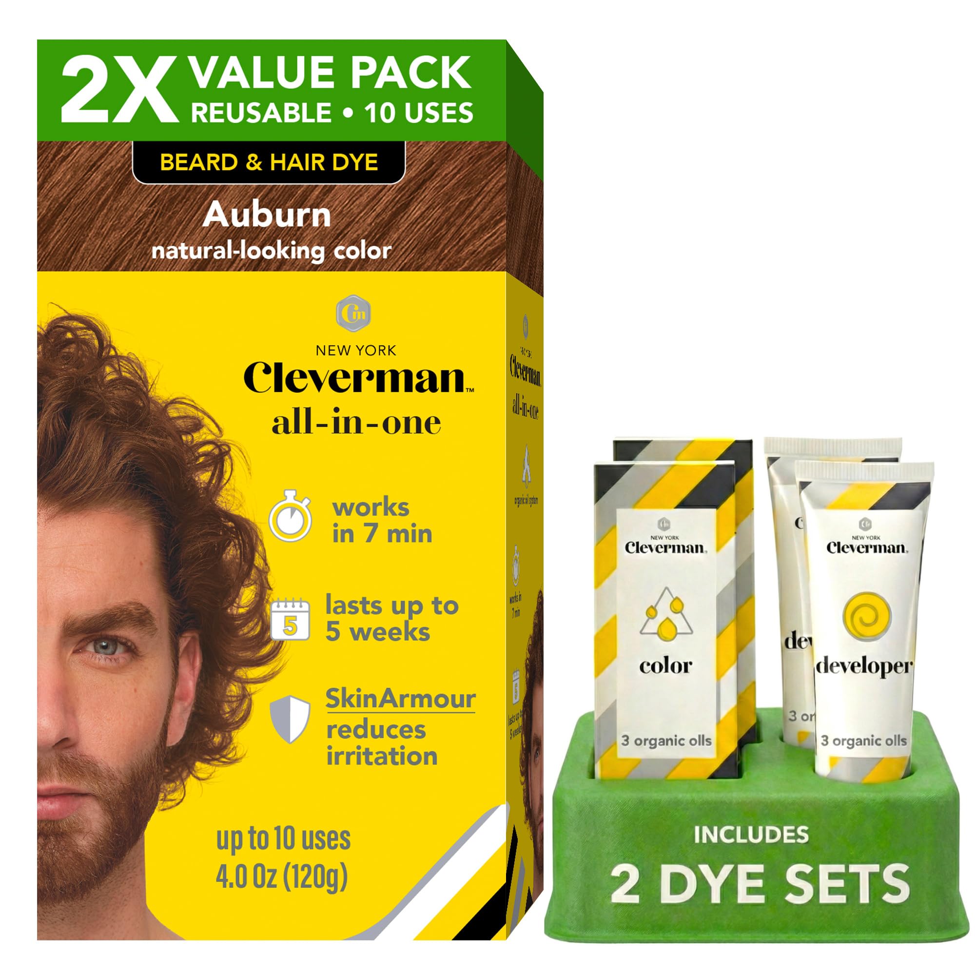 2X Reusable Hair & Beard Dye for Men – Auburn 7.04 | Up to 10 Uses, 7 Minutes | Natural Gray Coverage, No-Drip Cream with SkinArmour® – Cleverman