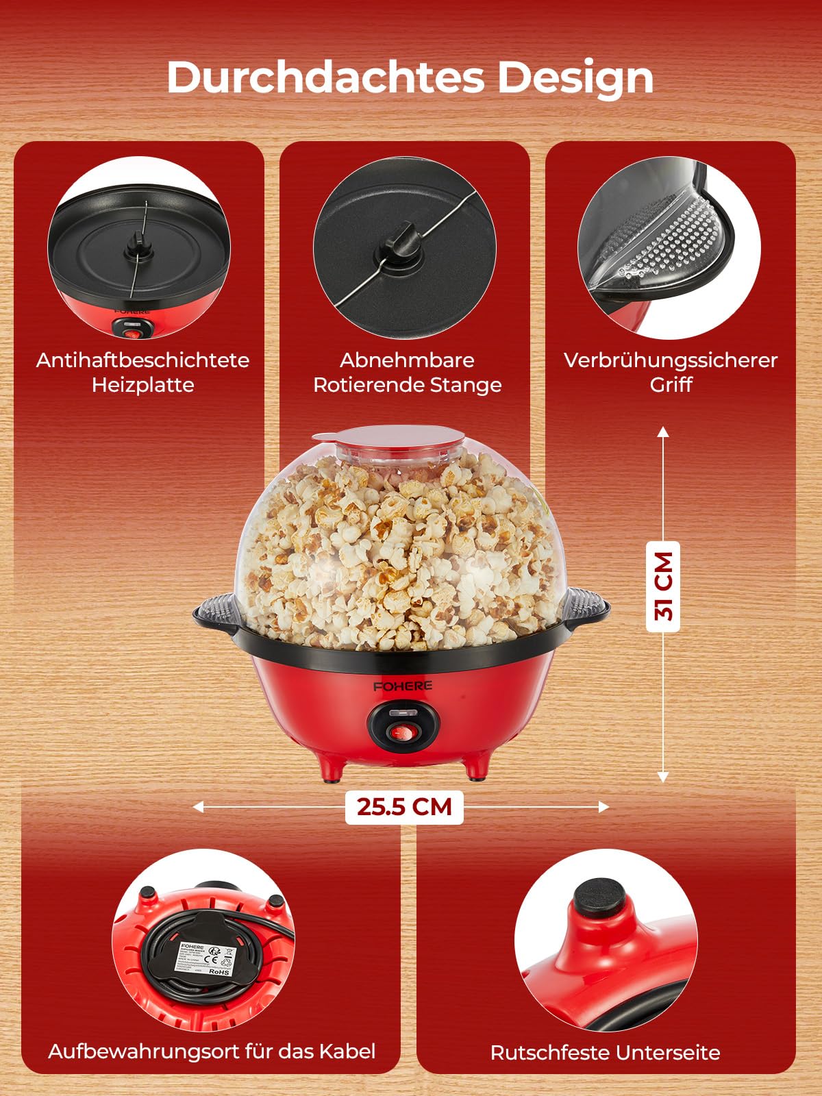 FOHERE 4,5L Popcornmaschine, 700W Popcorn Maschine mit 2 Messbecher für Zucker und Öl, Antihaftbeschichtete Heizplatte und Automatisches Rühren Retro Popcorn Maker für Urlaub und Filmabende