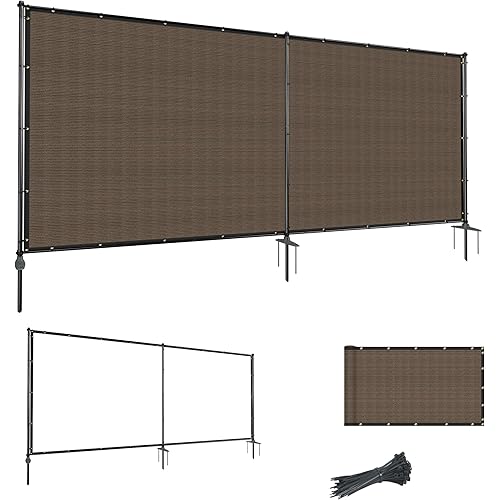5'Hx12'W Outdoor Freestanding Privacy Screen Fence Panels with Iron Poles, Mesh Shade Net Cover Temporary Fencing for Patio Backyard Garden Deck, Brown