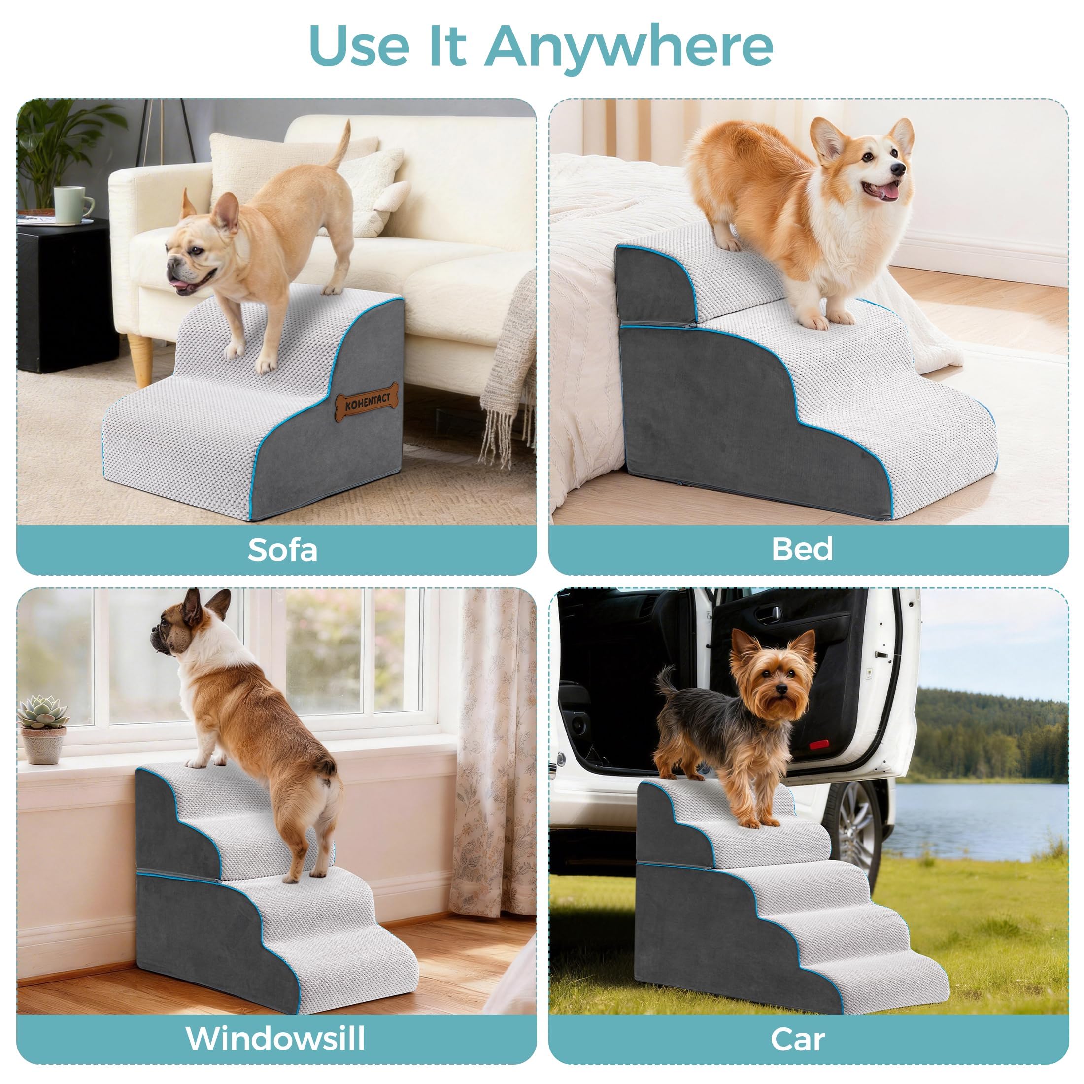 Scaletta per Cani e Rampa per Letto Alto e Divano, 33-61 cm Scala Rimovibile per Cani Piccoli e Medi, Schiuma 40D Robusta, Antiscivolo, Rivestimento Lavabile con Rullo Levapelucchi, Grigio