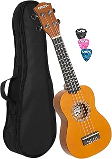 Cascha HH 3964 Soprano Ukulele Amarillo, pequeña guitarra hawaiana para niños y adultos con bolsa, 3 picos y cuerdas Aquila Ukulele