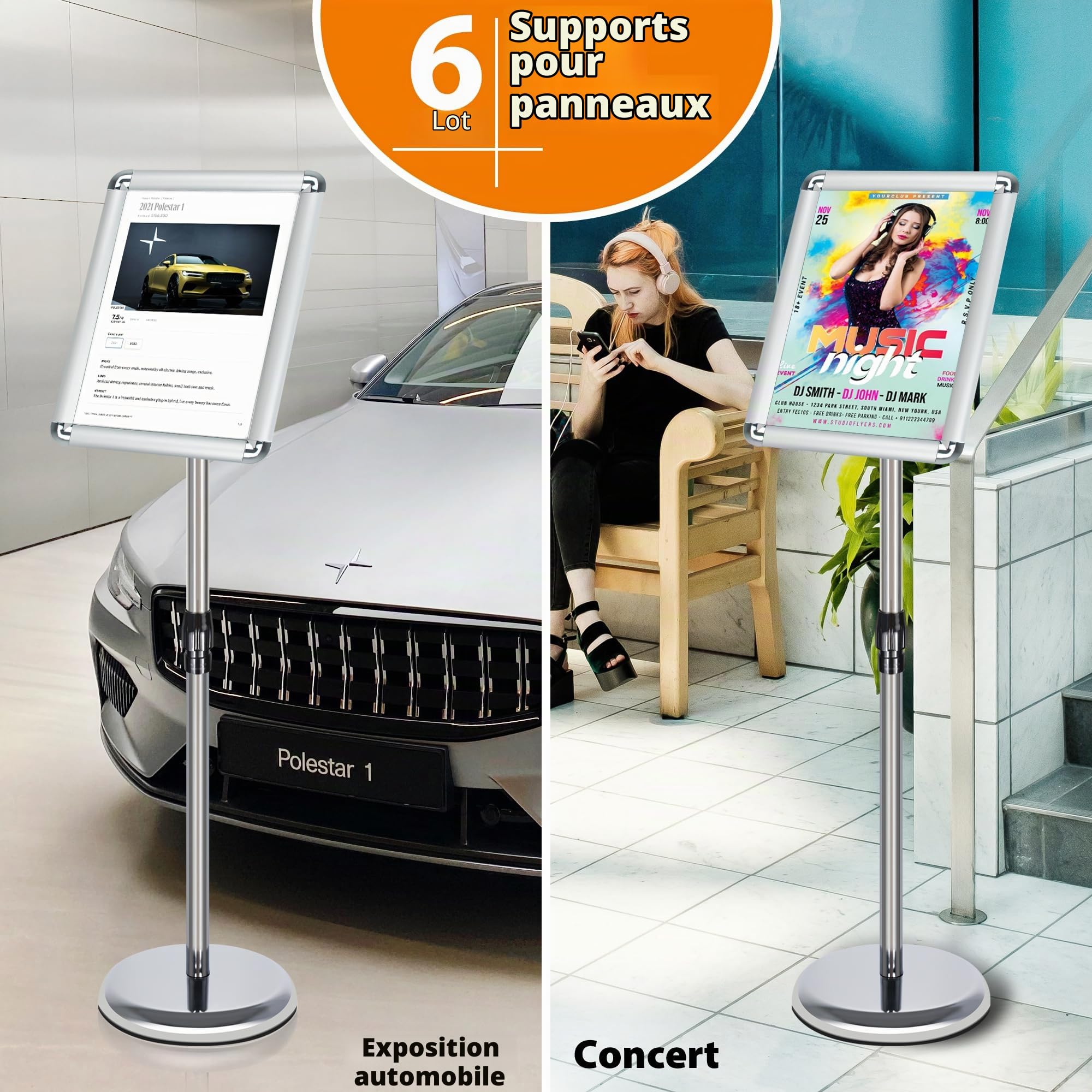 A4 Support d'information Réglable en Hauteur en Aluminium DIN A4 Présentoir d'Affichage Support Publicitaire avec Coins de Sécurité (Argent02, 6 Pièces)