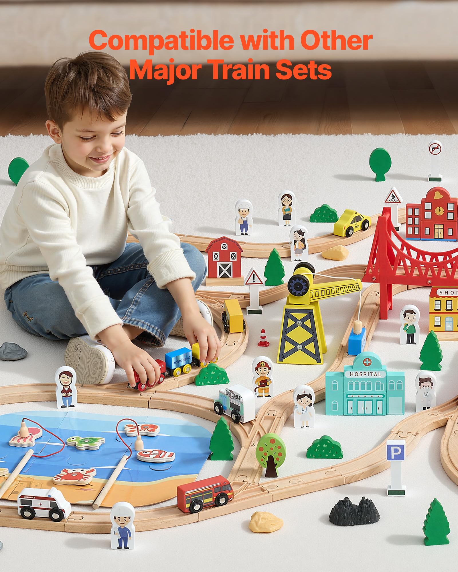 VEVOR Trenino in Legno per Bambini 39 Pezzi, con Treni Magnetici e Accessori Ferroviari, Compatibile con le Principali Marche, Giocattolo di Compleanno di Natale per Bambini dai 3 agli 8 Anni