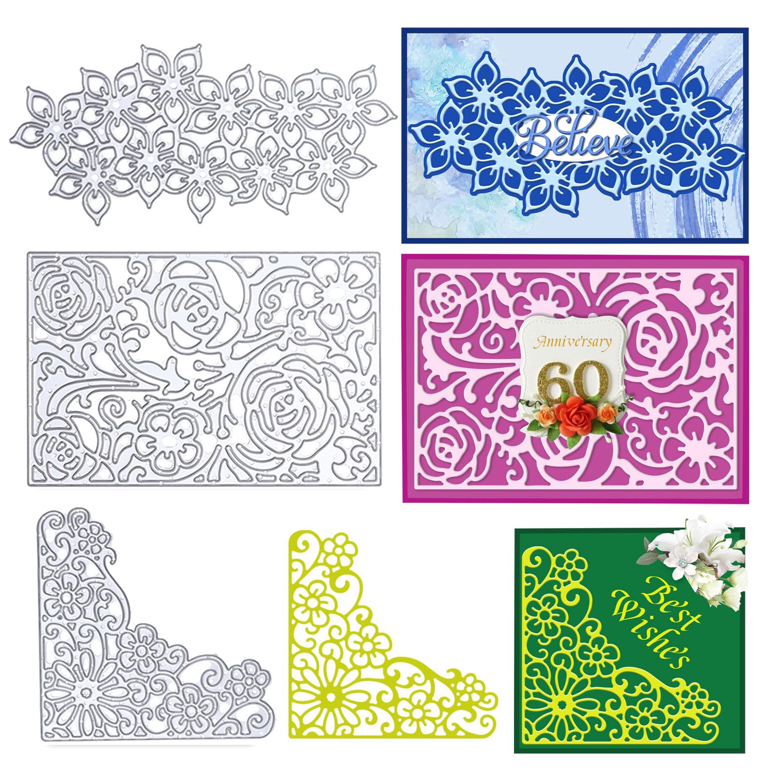 ORIGACH 3 troqueles de corte de metal con fondo de flores, incluye tira de flores, marco de rosas y esquinas de flores para hacer tarjetas de álbumes de recortes