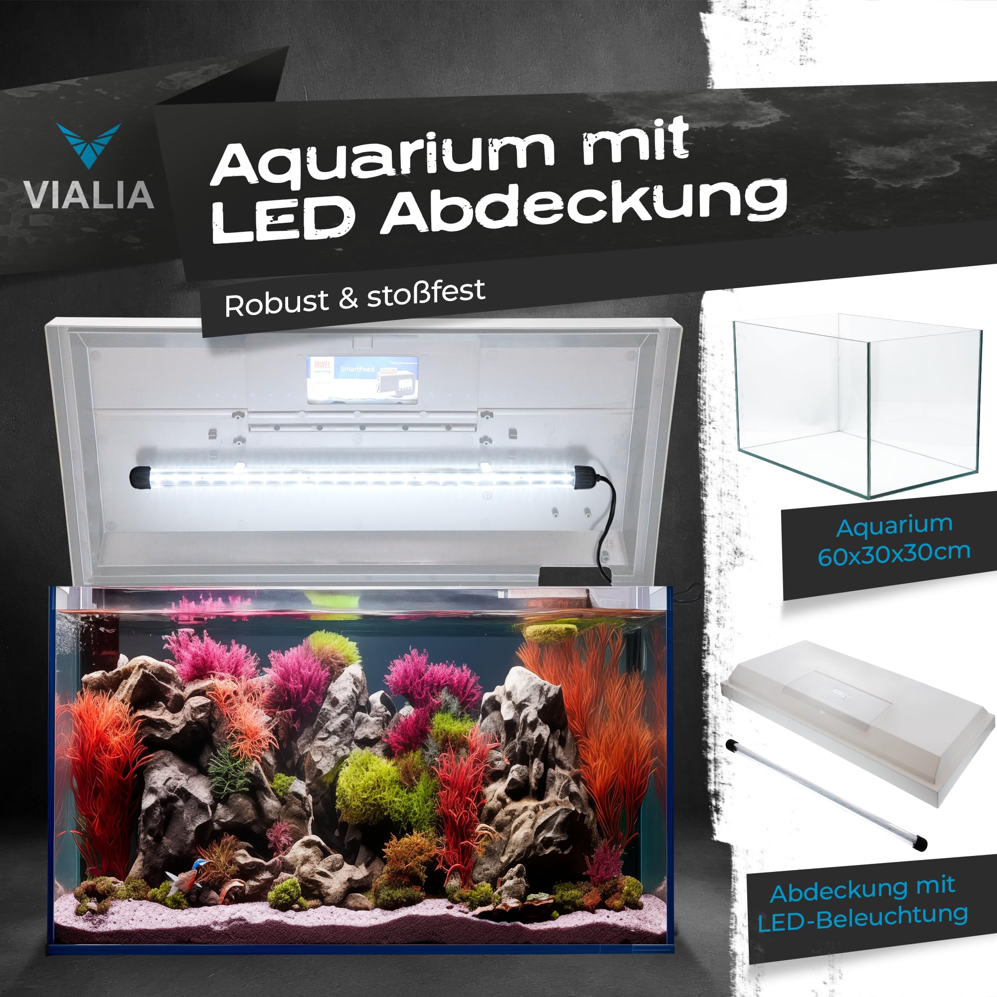 Aquarium 60x30x30 cm, 54 Liter Glasbecken mit Juwel LED, weiß | Kompaktes Süßwasser- und Meerwasser-Aquarium mit weißer Abdeckung, integrierter LED-Beleuchtung und Futterklappe