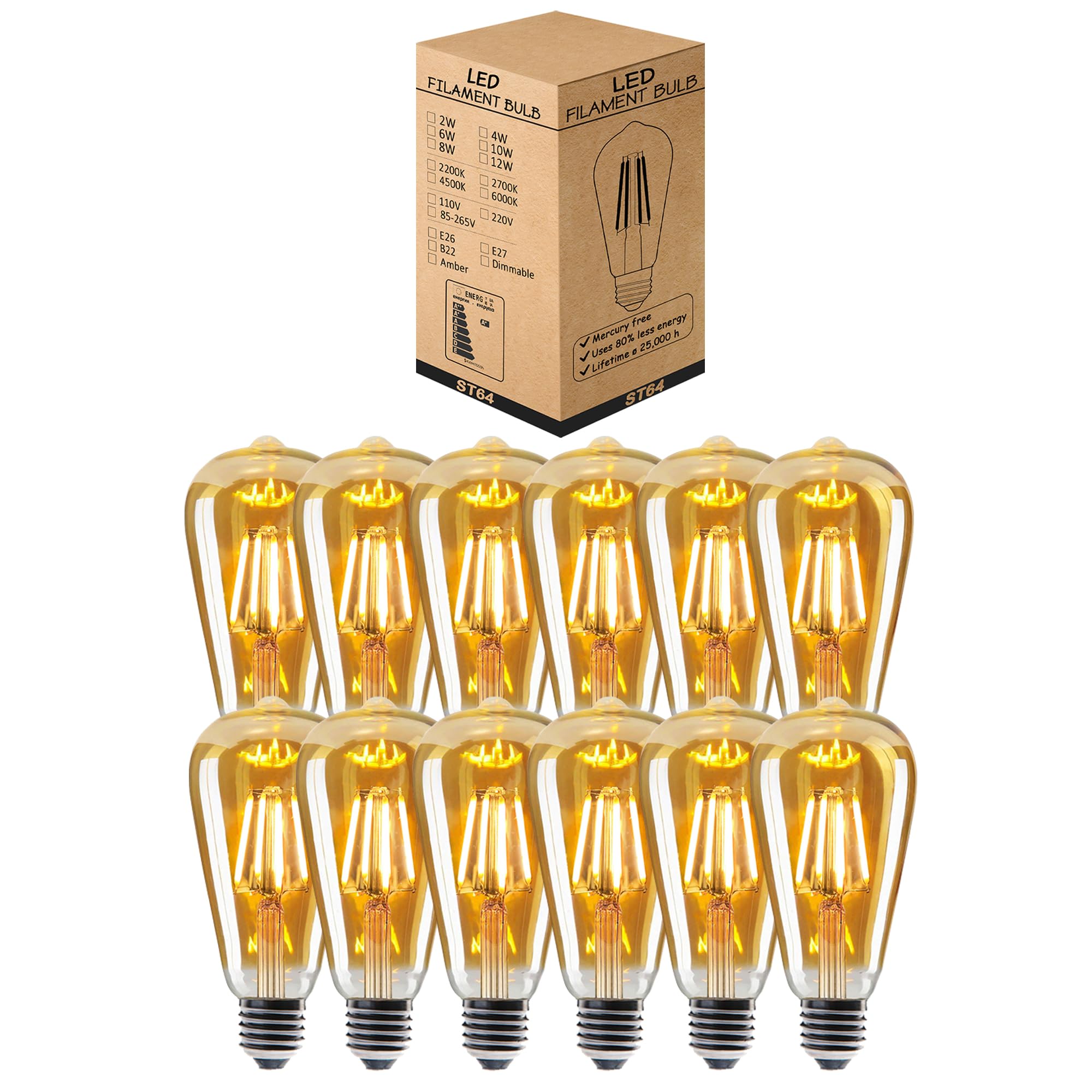 LEDSone LED Edison Bulb, Vintage Light Bulb,4W/6W/8W E27 2700K Warm White ST64 LED Bulbs, Led Filament Bulbs, Dimmable Antique Style Retro Amber Glass Screw Lamp 220V (12 Pack, 4W)