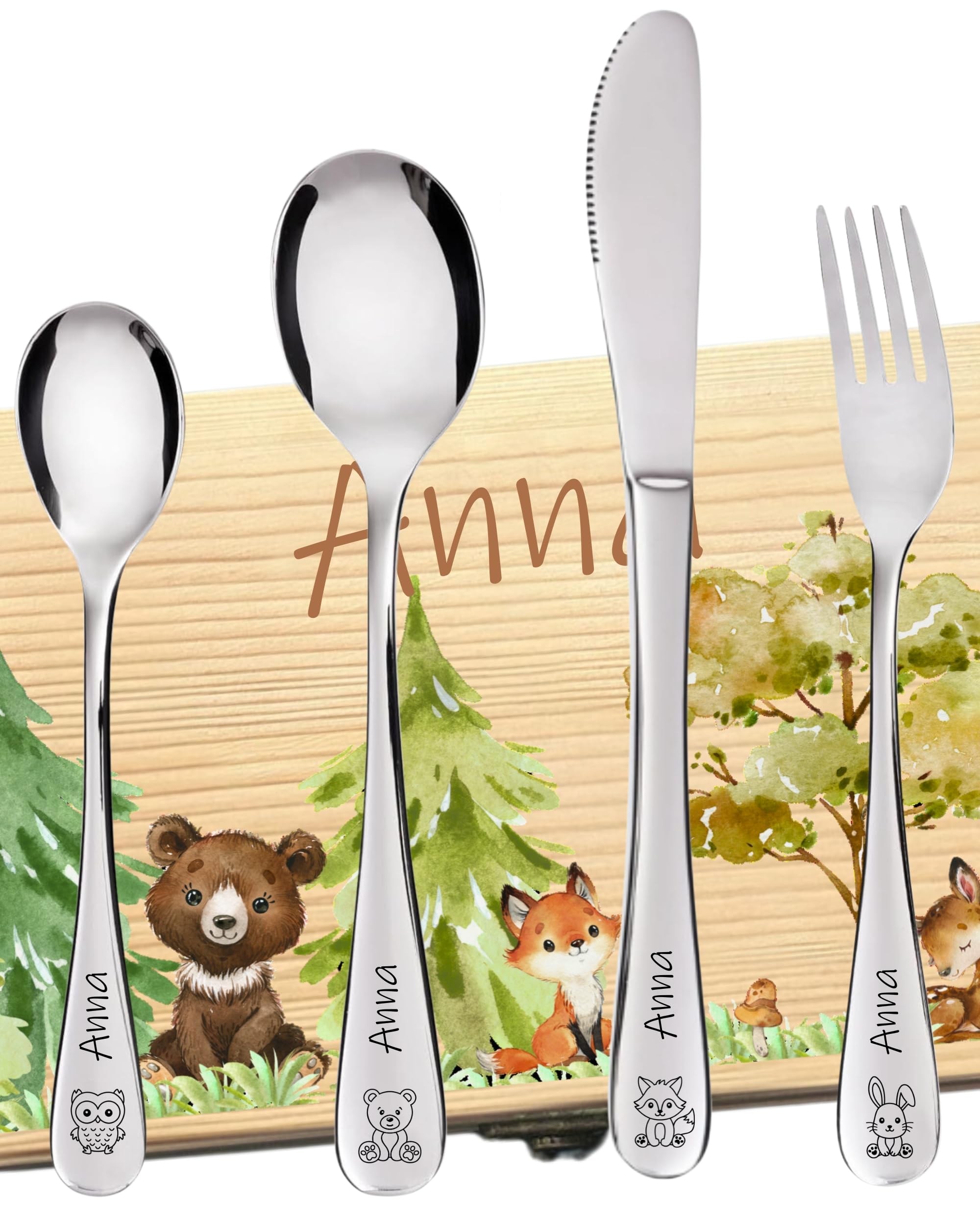 personalisiertes Kinderbesteck mit Namensgravur | Besteck Kinder mit Gravur | Kindergeschirr personalisiert | Weihnachtsgeschenke für Babys | Taufgeschenk (Waldtiere Set)